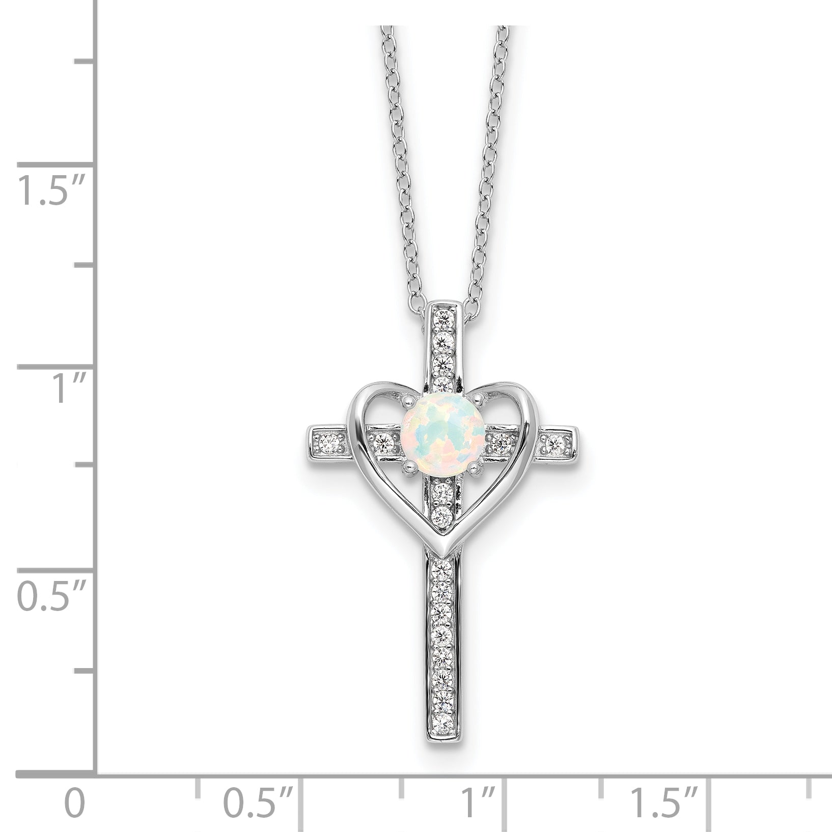 Sterling Silver RH-plated Created Opal and CZ Cross w/Heart 18in Necklace