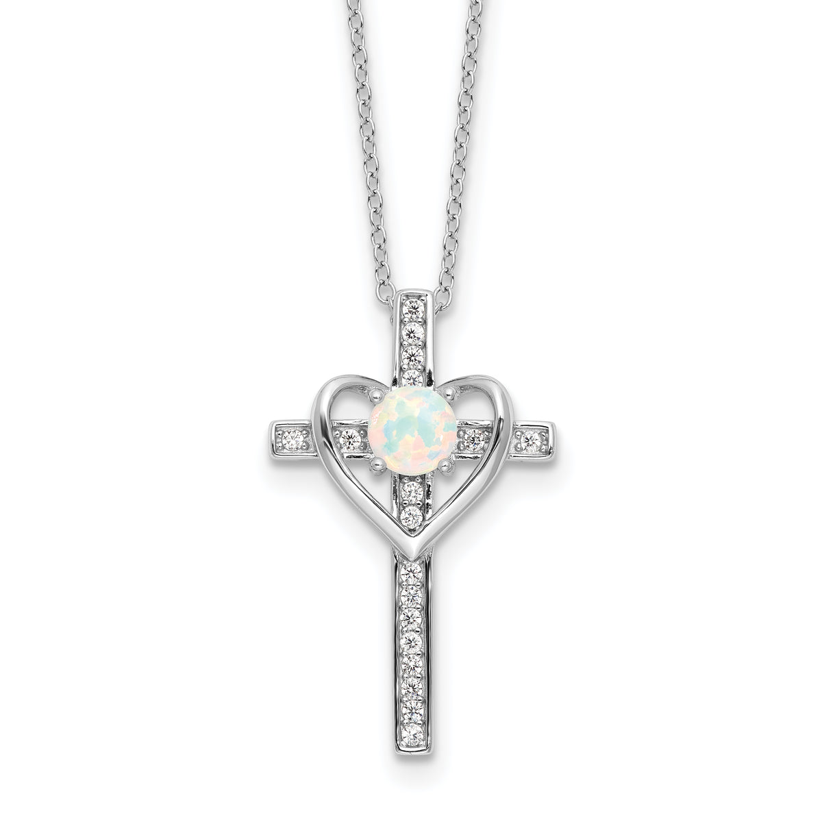 Sterling Silver RH-plated Created Opal and CZ Cross w/Heart 18in Necklace