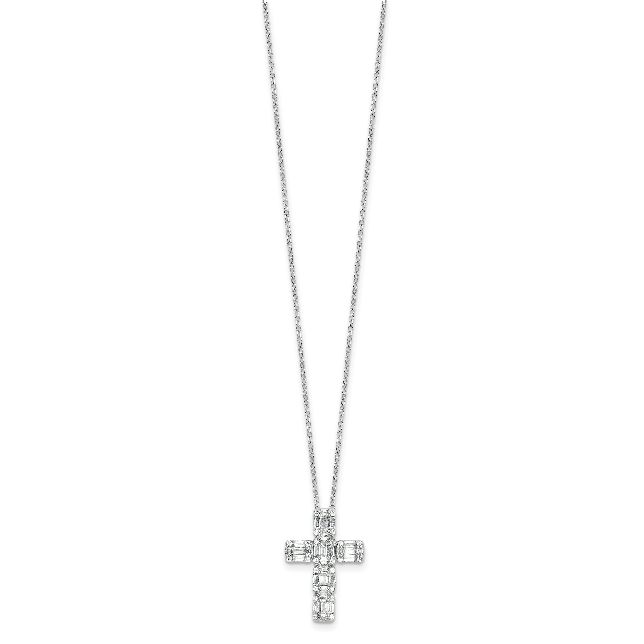 Sterling Silver Rhodium-plated Baguette CZ Cross 18in Necklace