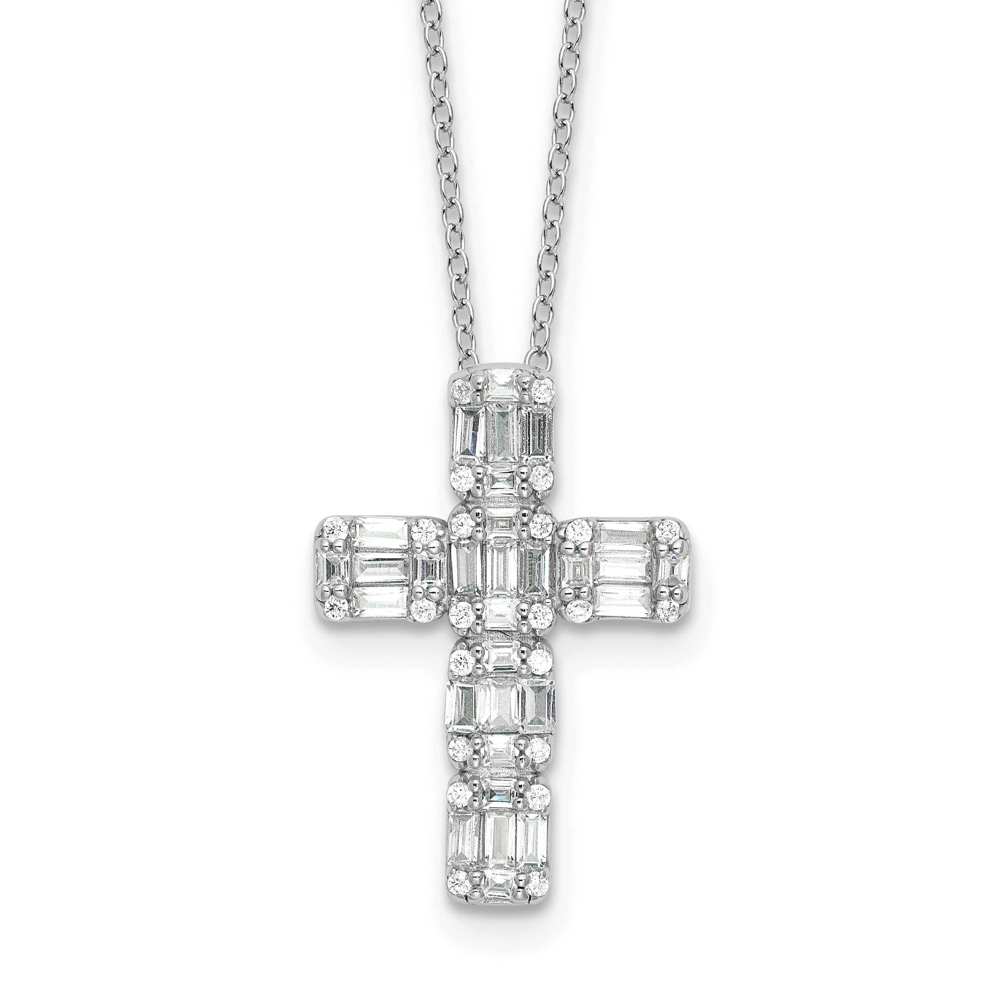 Sterling Silver Rhodium-plated Baguette CZ Cross 18in Necklace