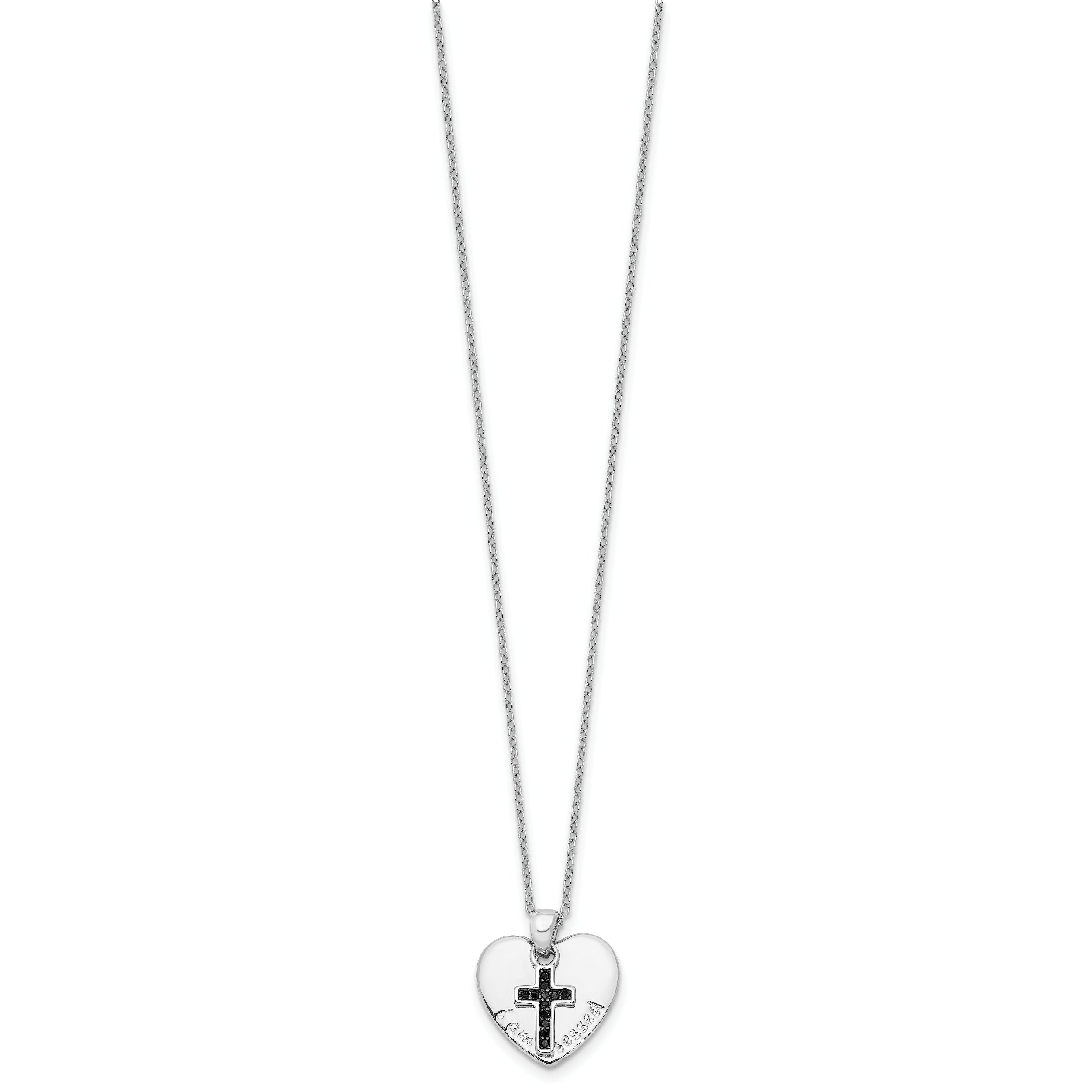 Sterling Silver Rhodium-plated Black Spinel Cross w/Heart 18in Necklace