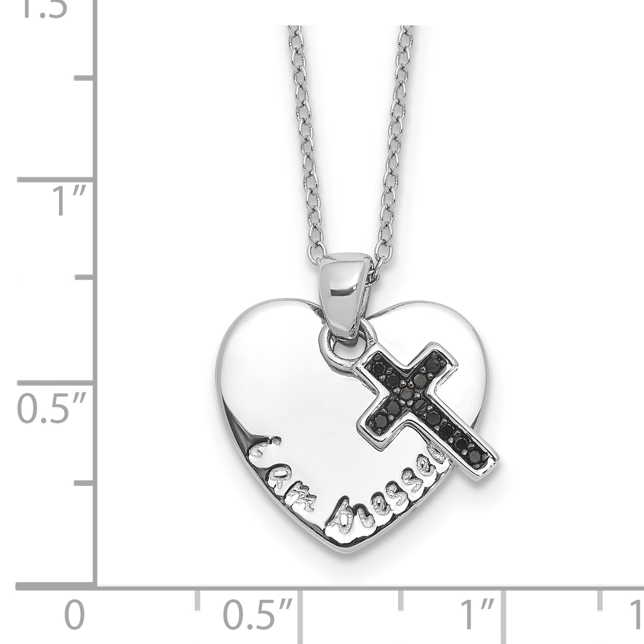 Sterling Silver Rhodium-plated Black Spinel Cross w/Heart 18in Necklace