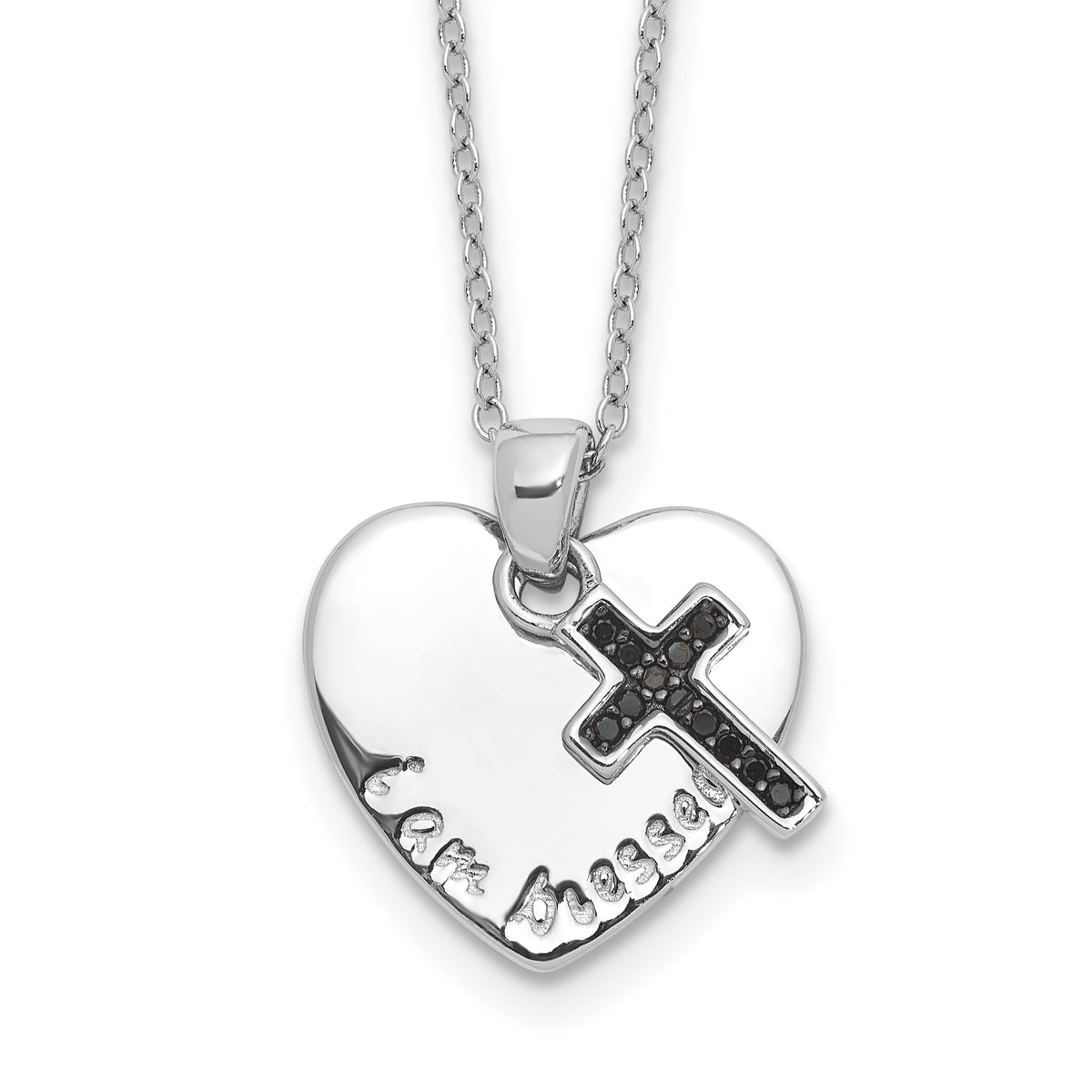 Sterling Silver Rhodium-plated Black Spinel Cross w/Heart 18in Necklace