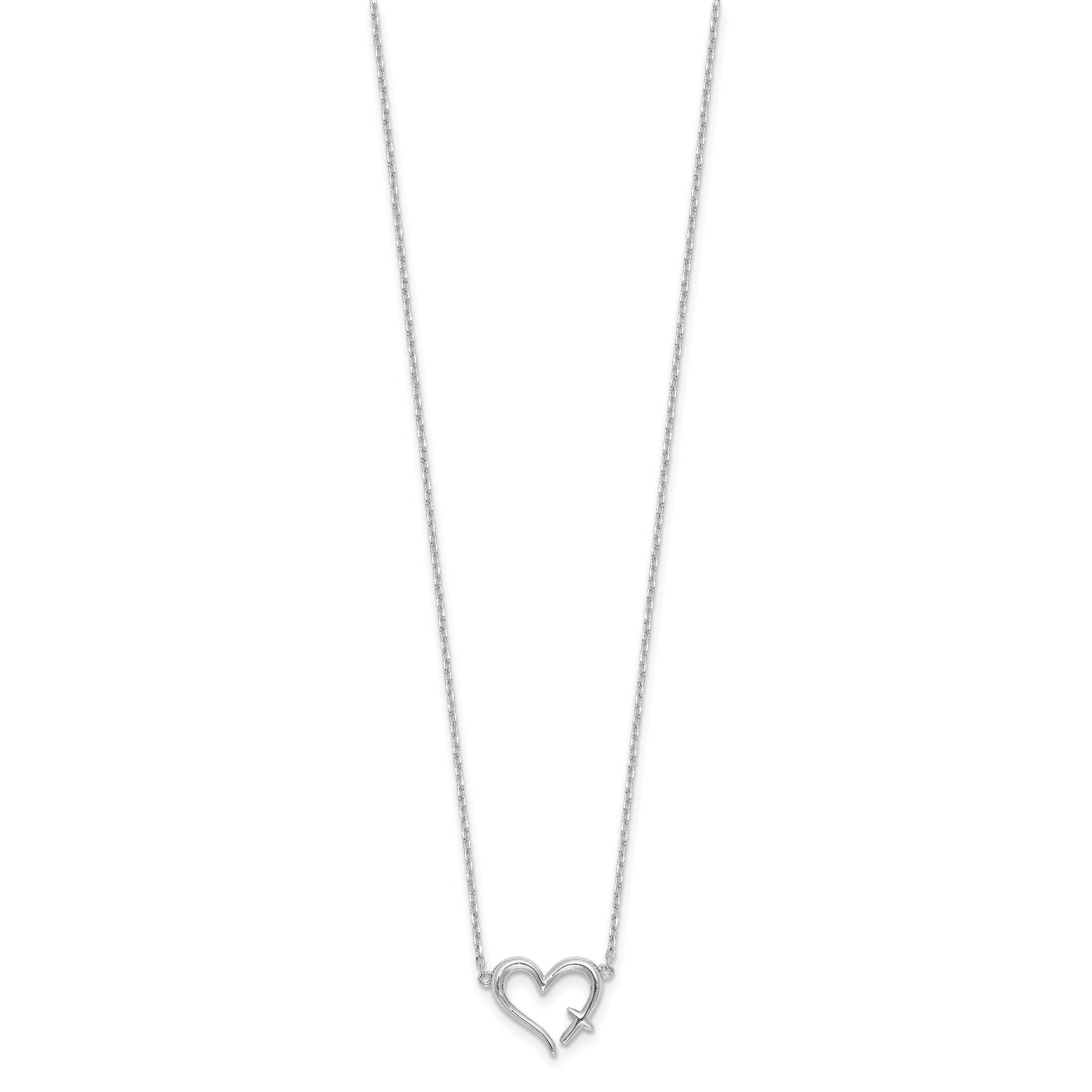 Sterling Silver Rhodium-plated Heart w/Cross 13in w/2in ext. Necklace