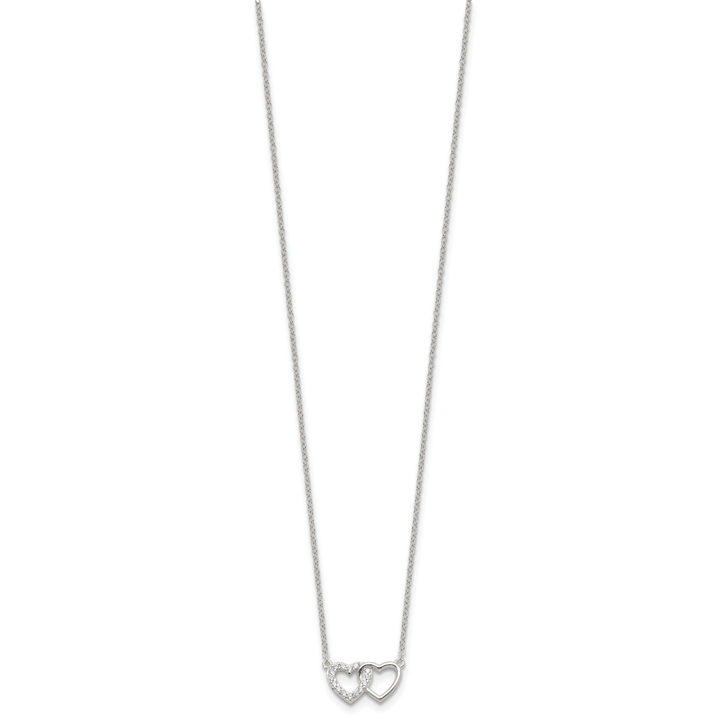 Sterling Silver E-Coating CZ Double Heart 16in w/2in ext Necklace