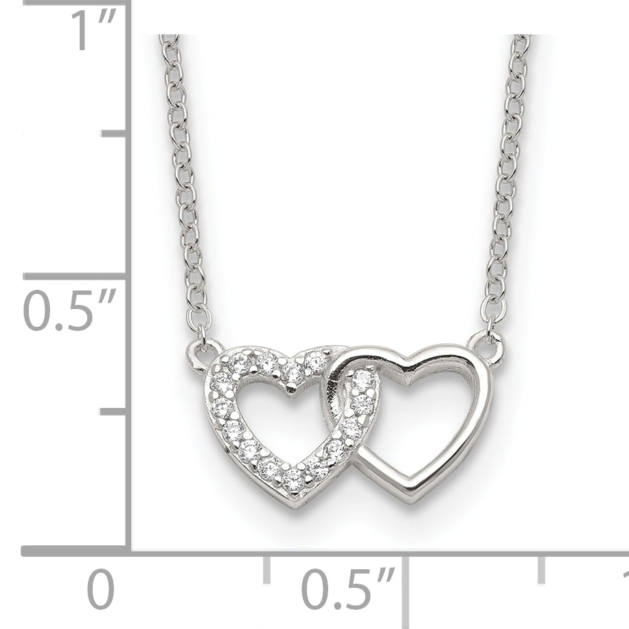 Sterling Silver E-Coating CZ Double Heart 16in w/2in ext Necklace