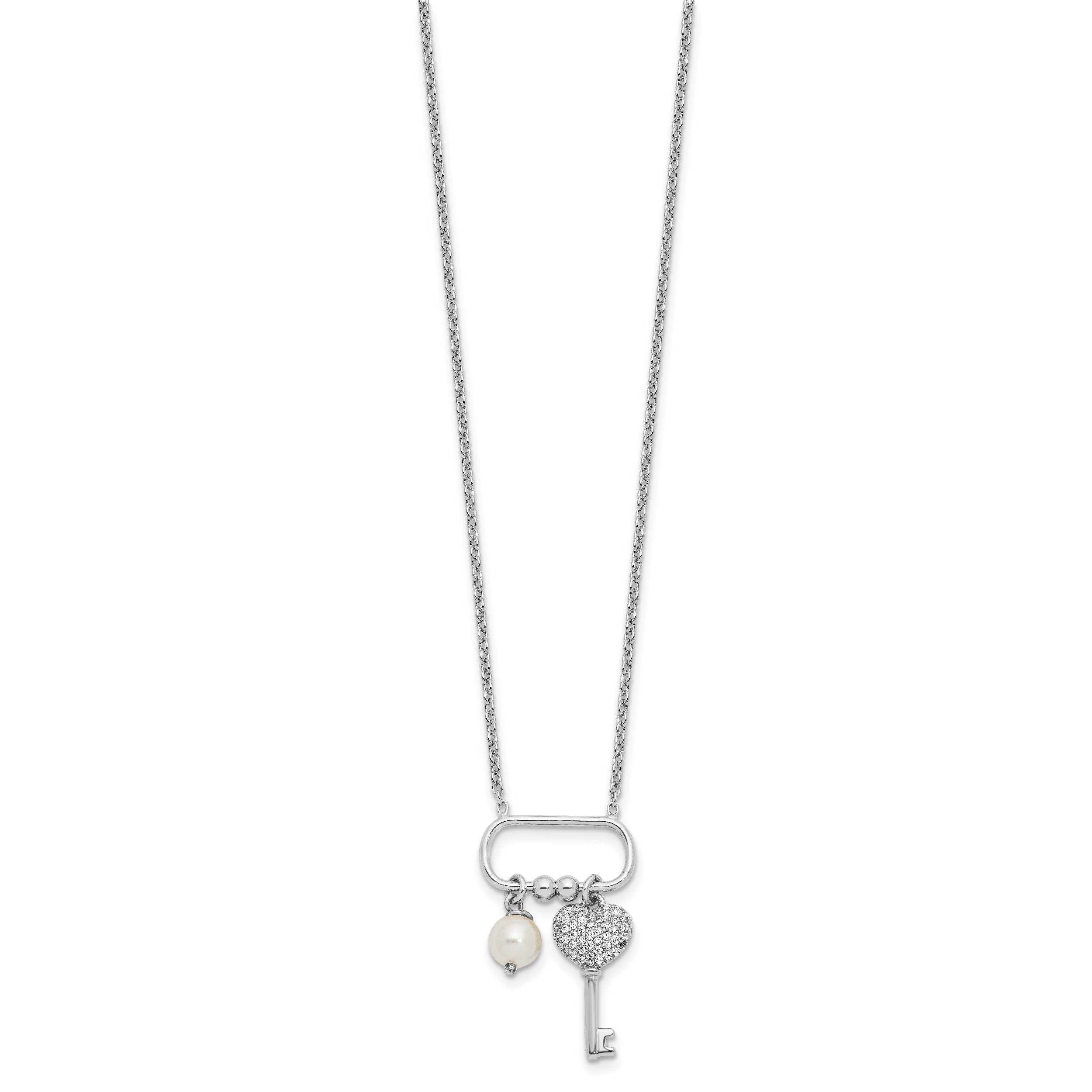 Sterling Silver Rhodium-plated CZ Key/Glass Pearl 16in w/2in ext Necklace