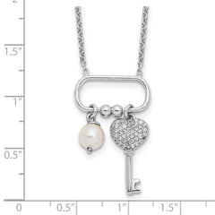 Sterling Silver Rhodium-plated CZ Key/Glass Pearl 16in w/2in ext Necklace