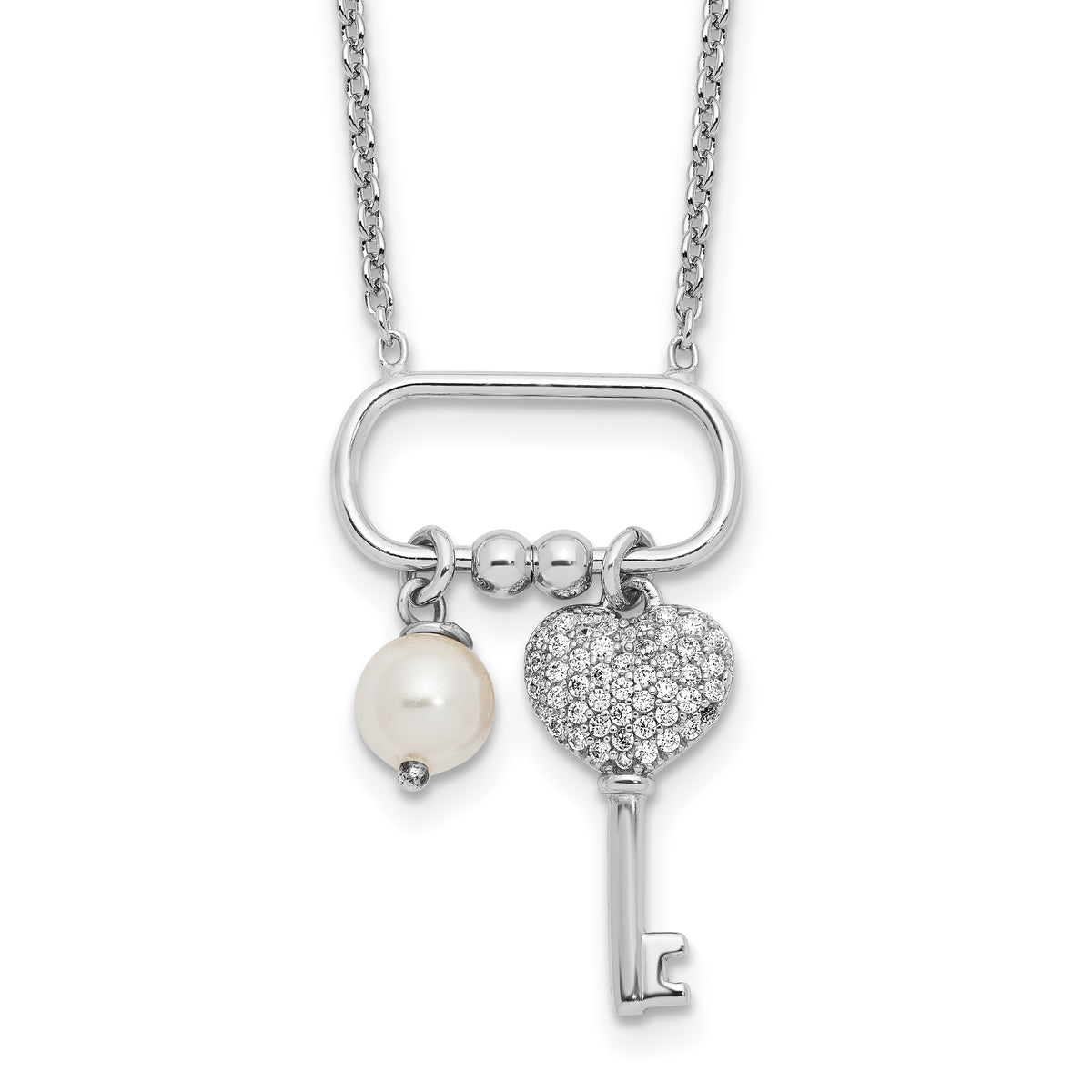 Sterling Silver Rhodium-plated CZ Key/Glass Pearl 16in w/2in ext Necklace