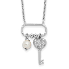 Sterling Silver Rhodium-plated CZ Key/Glass Pearl 16in w/2in ext Necklace