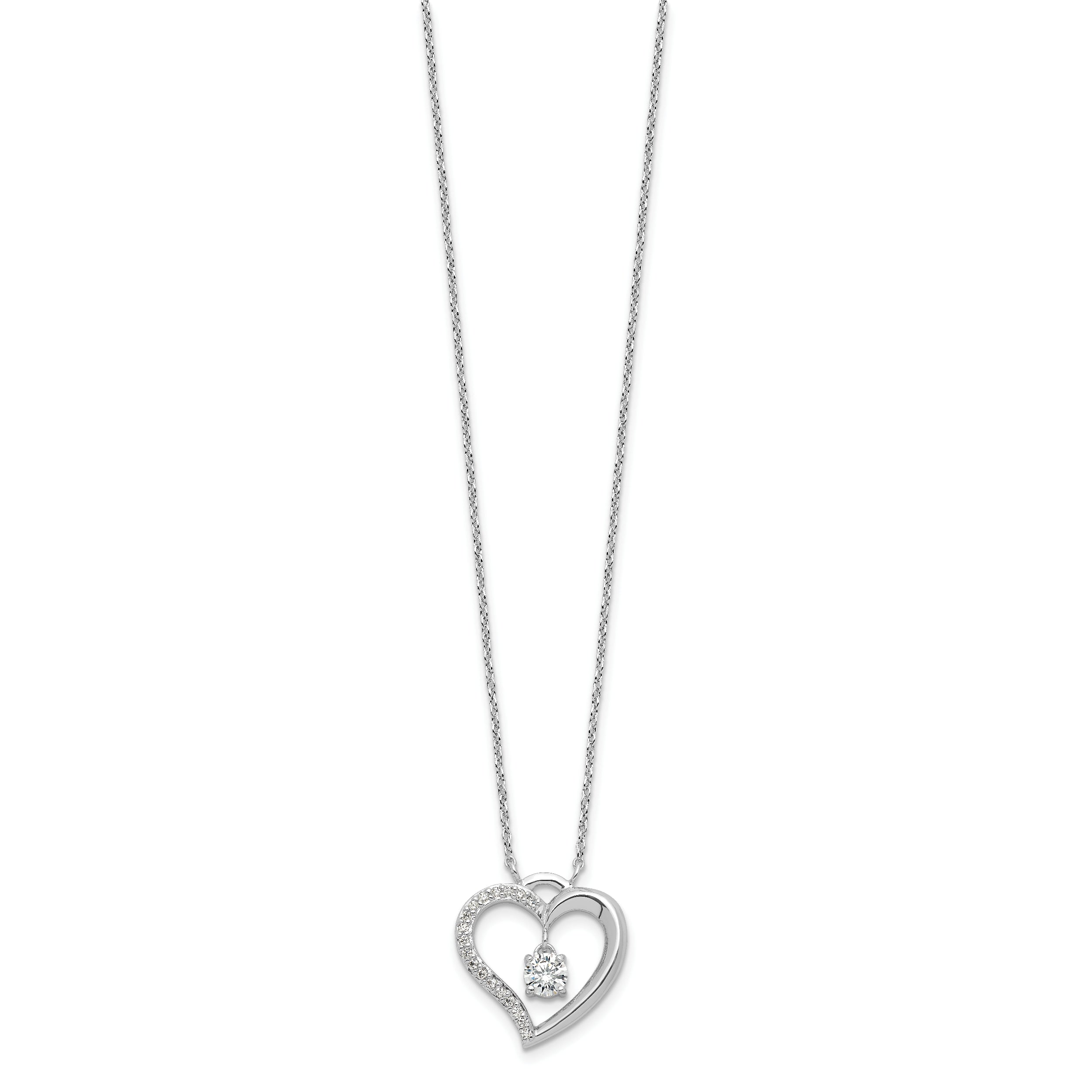 Sterling Silver Rhod-plated Polished CZ Open Heart w/1.25in Ext Necklace