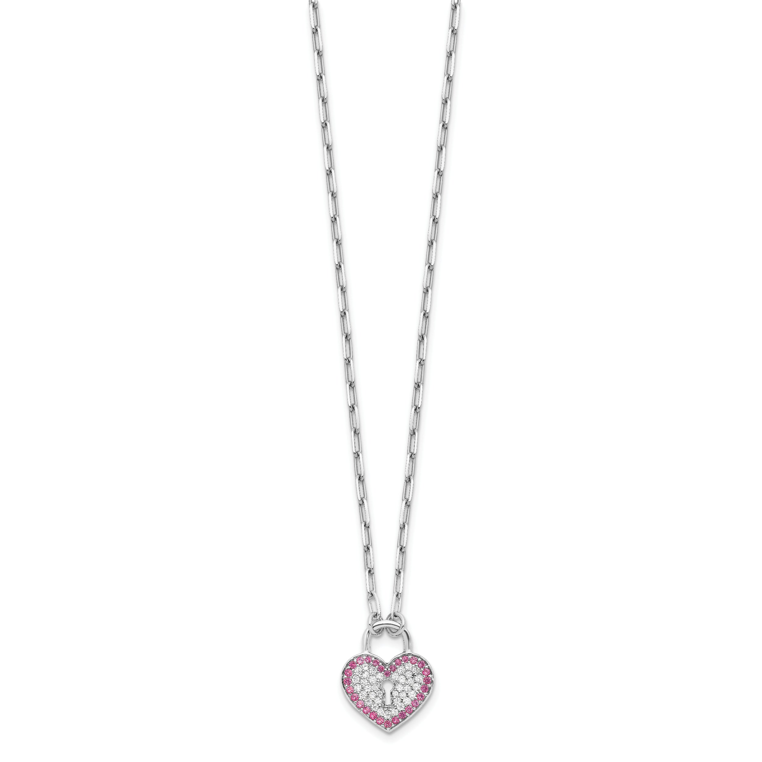 Sterling Silver Rhod-pltd CZ/Crystal Heart Lock 16in w/2 in ext Necklace