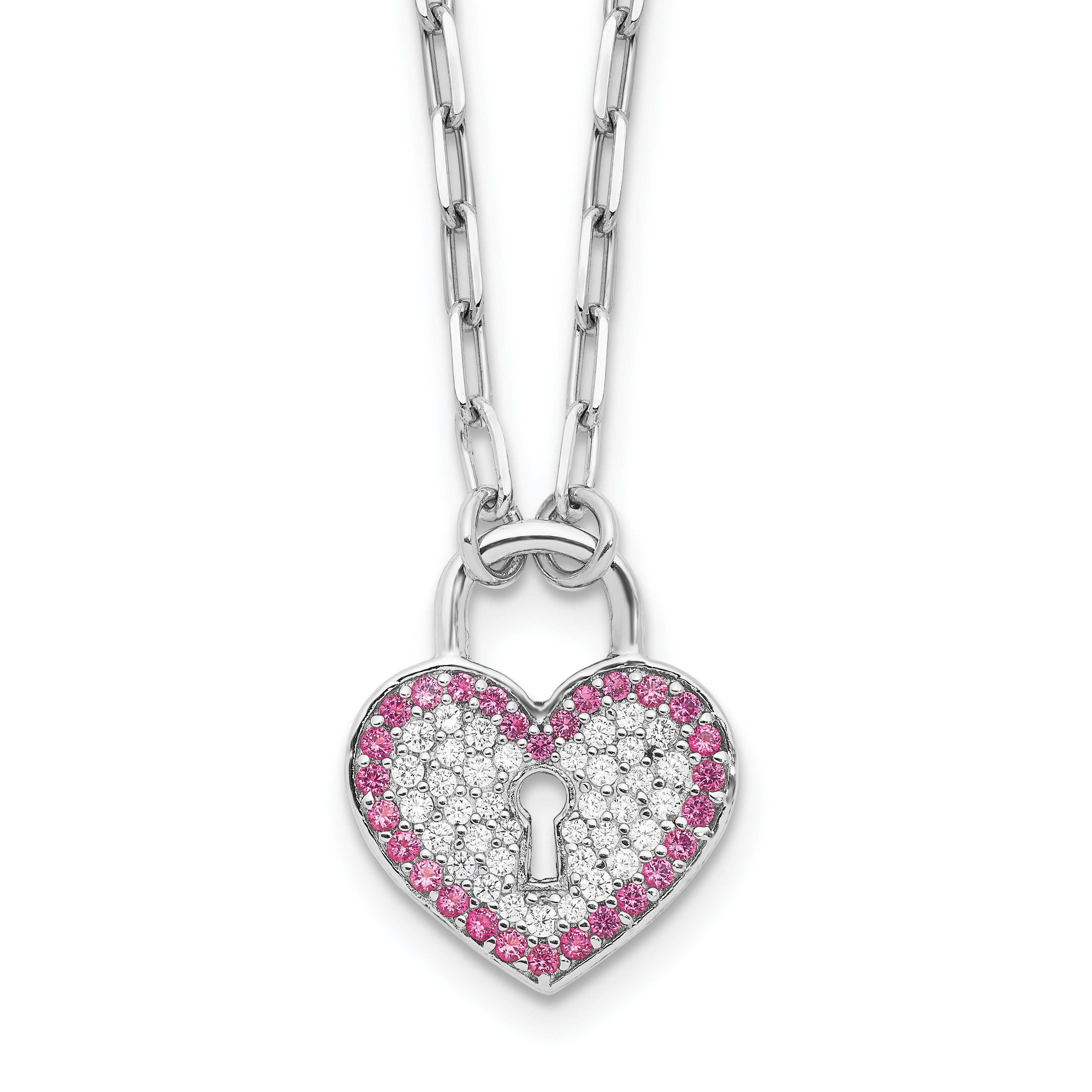 Sterling Silver Rhod-pltd CZ/Crystal Heart Lock 16in w/2 in ext Necklace