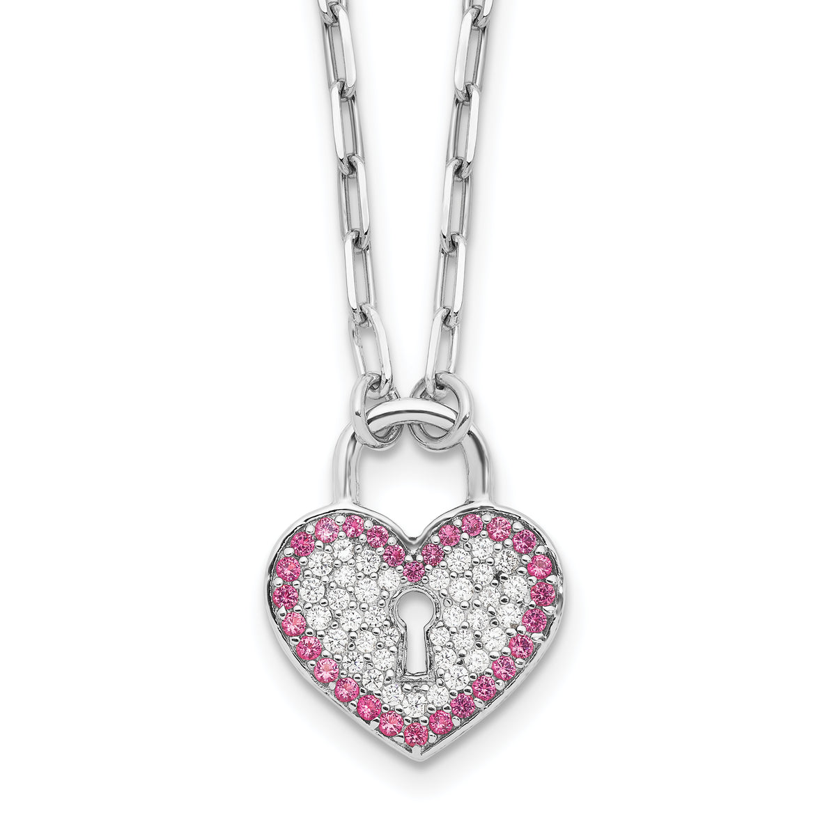 Sterling Silver Rhod-pltd CZ/Crystal Heart Lock 16in w/2 in ext Necklace