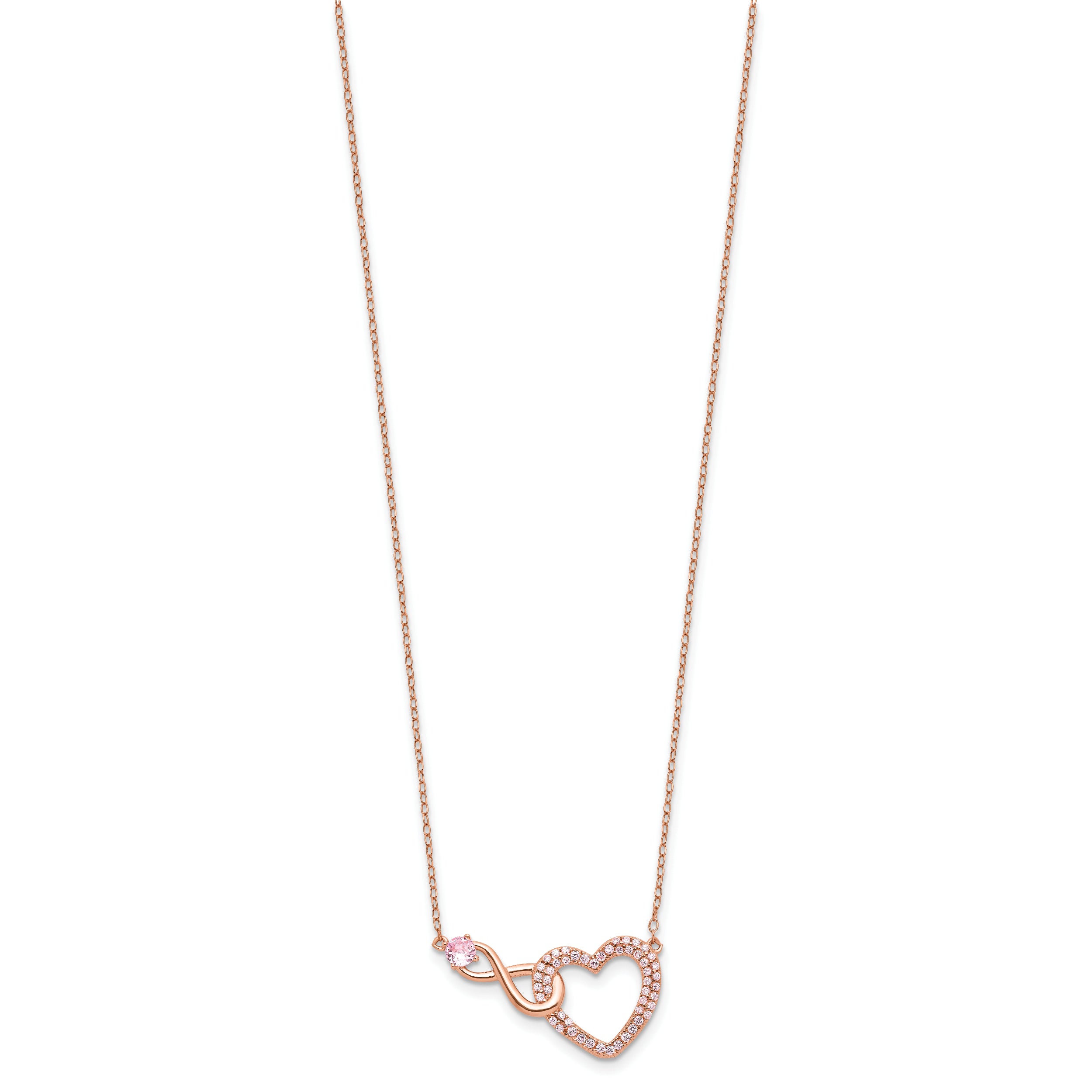 Sterling Silver Rose-tone Pink CZ Heart Infinity w/2IN Ext Necklace