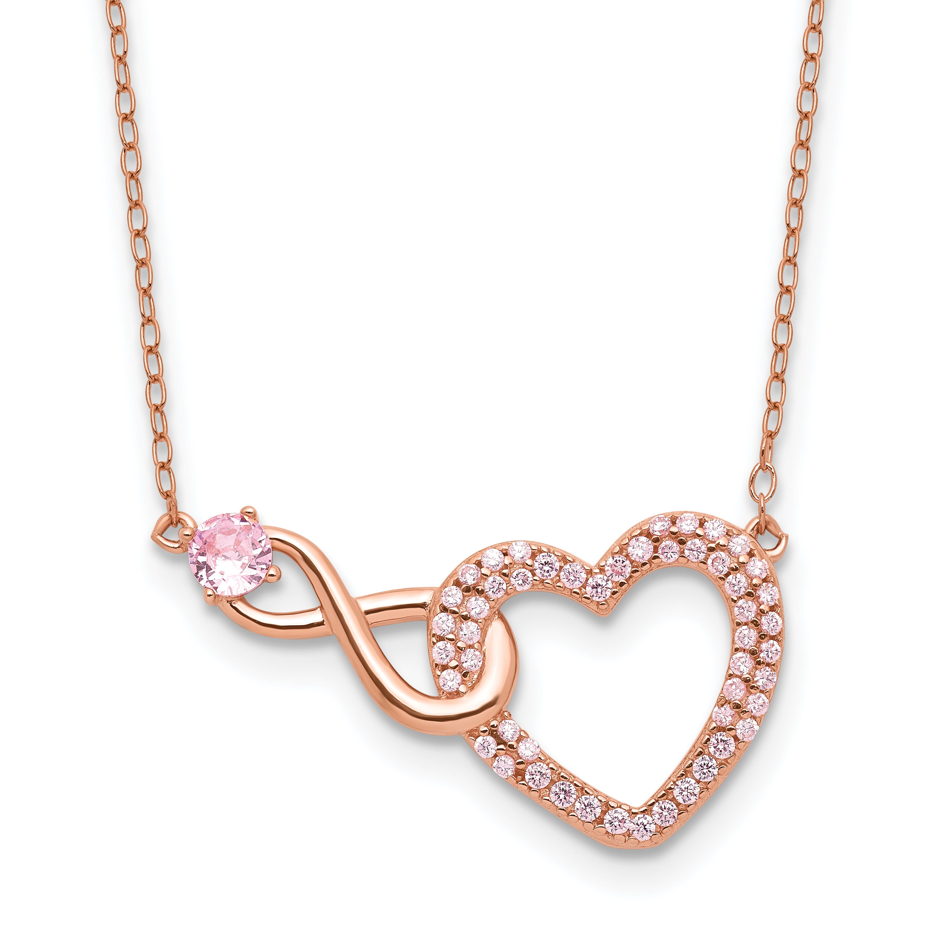 Sterling Silver Rose-tone Pink CZ Heart Infinity w/2IN Ext Necklace