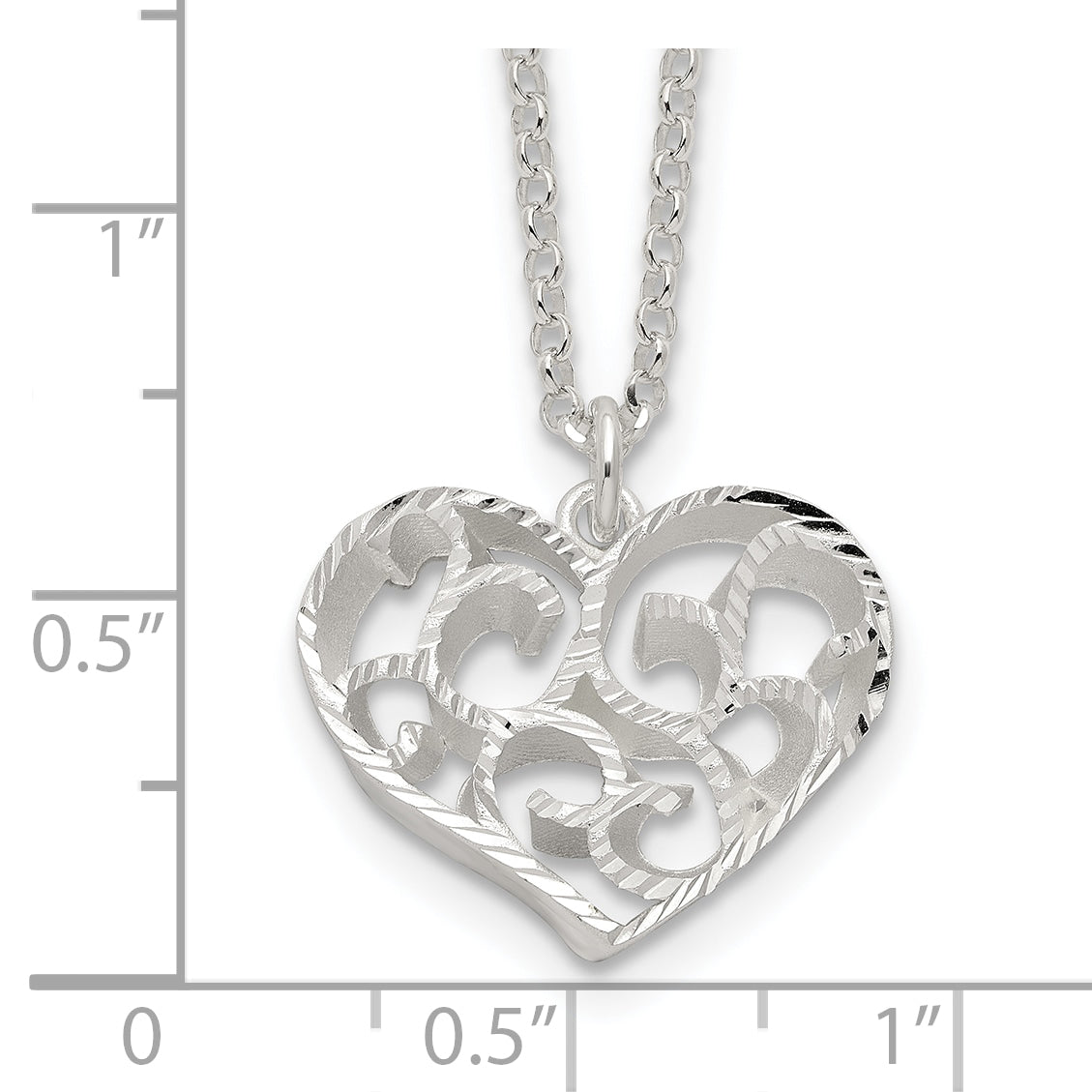 Sterling Silver RH-pltd Brushed D/C Filigree Heart w/2 in ext Necklace