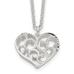 Sterling Silver RH-pltd Brushed D/C Filigree Heart w/2 in ext Necklace