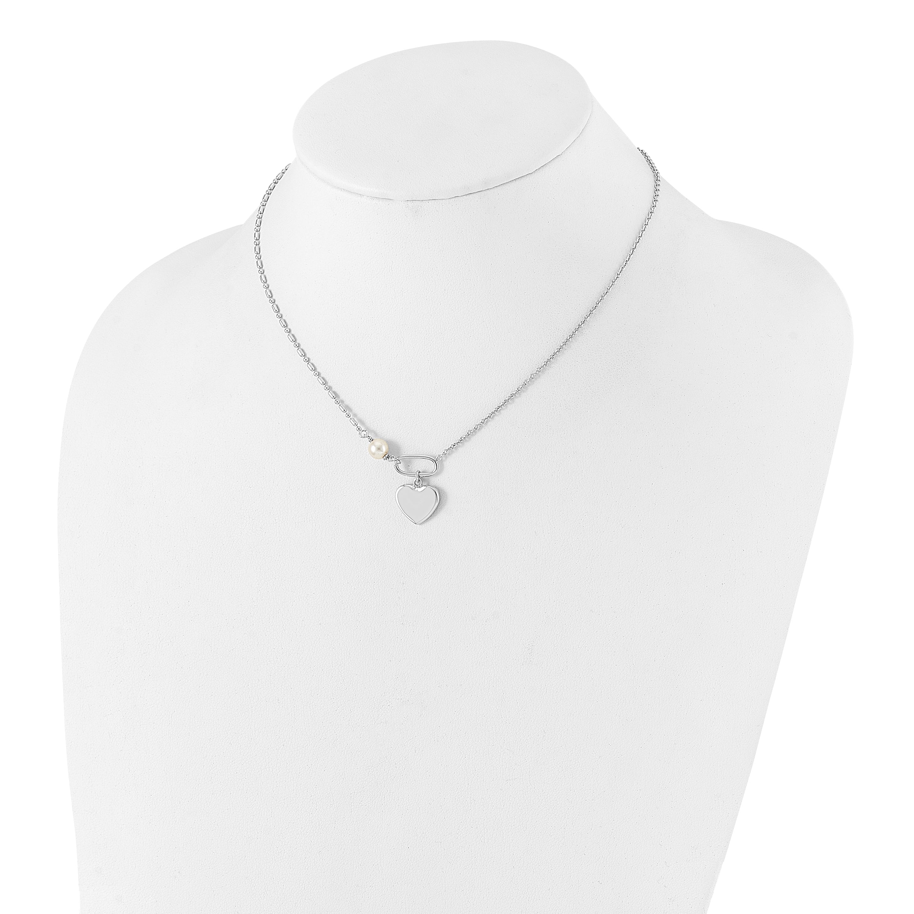 Sterling Silver Rhodium-plated Glass Pearl/Heart 16in w/2 in ext Necklace