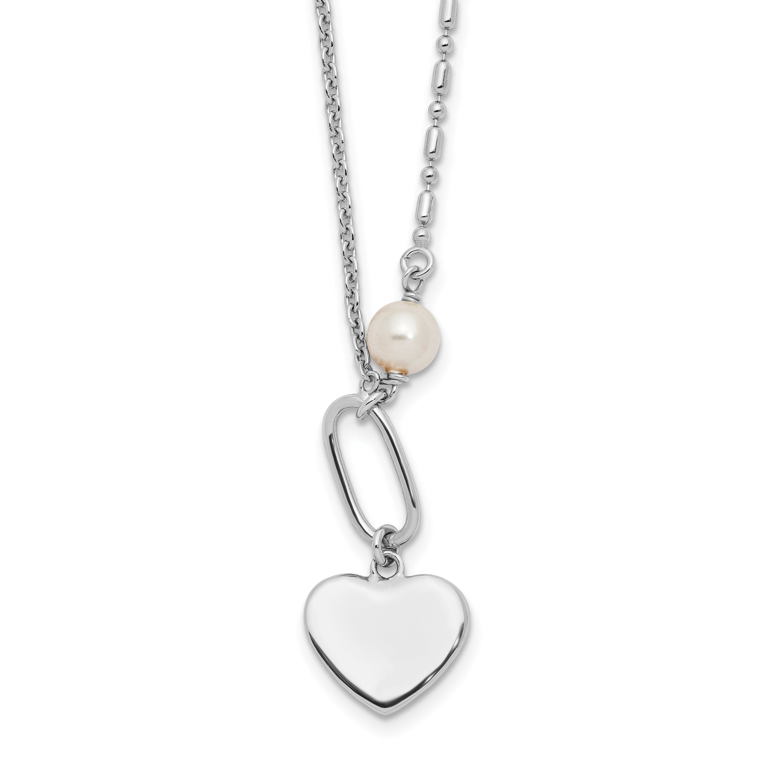 Sterling Silver Rhodium-plated Glass Pearl/Heart 16in w/2 in ext Necklace