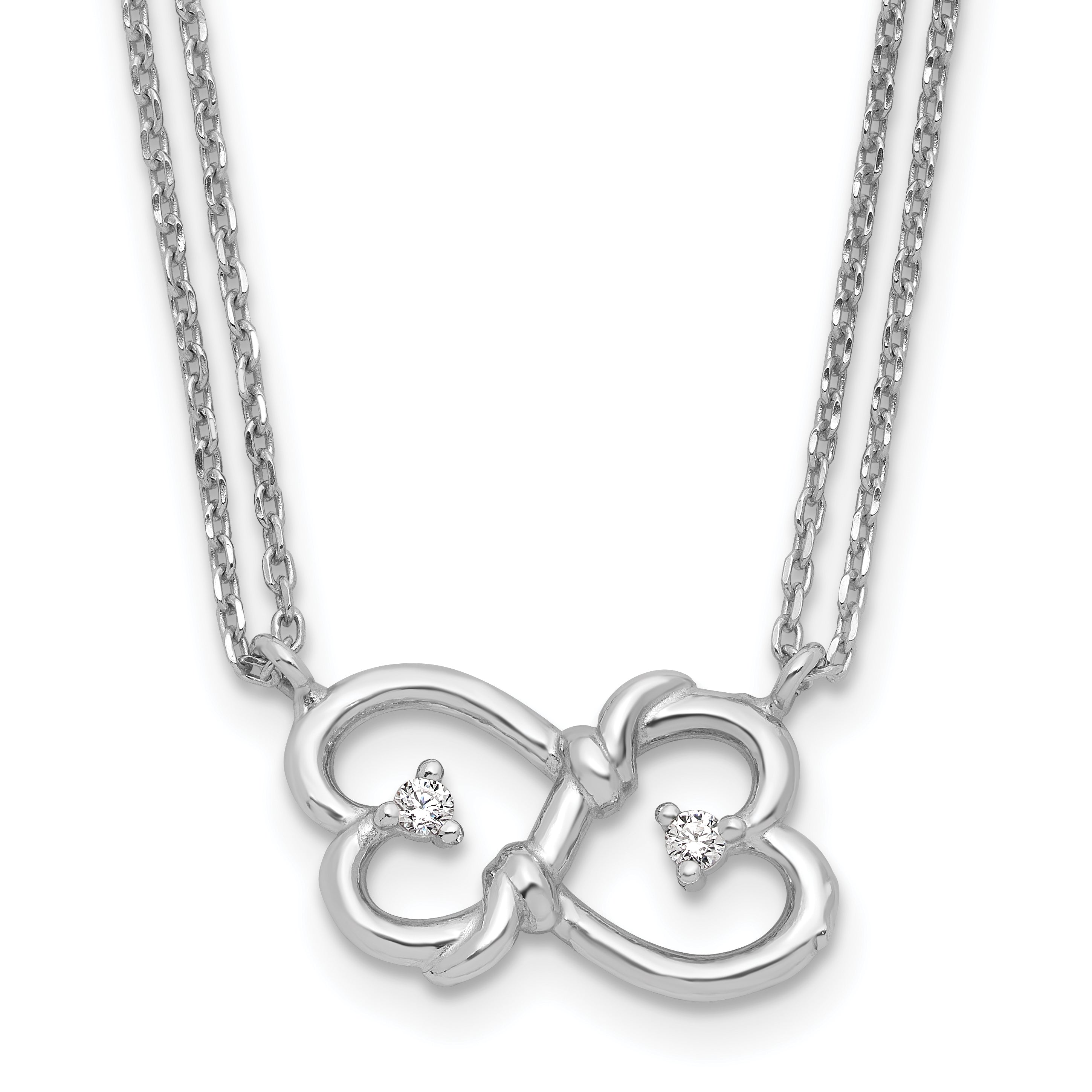 Sterling Silver Rhodium-plated CZ Heart 2-Strand w/1.5in ext Necklace