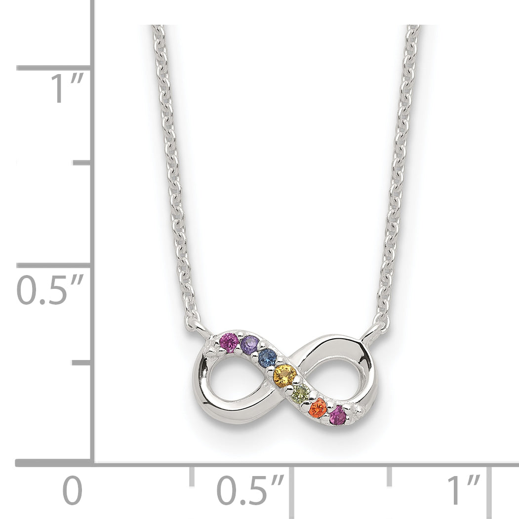 Sterling Silver E-coated Multi Color CZ Infinity 18in w/2in ext Necklace