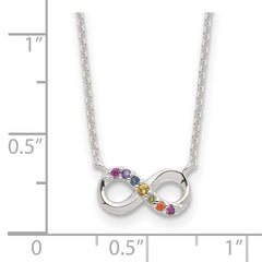 Sterling Silver E-coated Multi Color CZ Infinity 18in w/2in ext Necklace