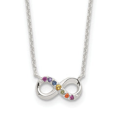 Sterling Silver E-coated Multi Color CZ Infinity 18in w/2in ext Necklace