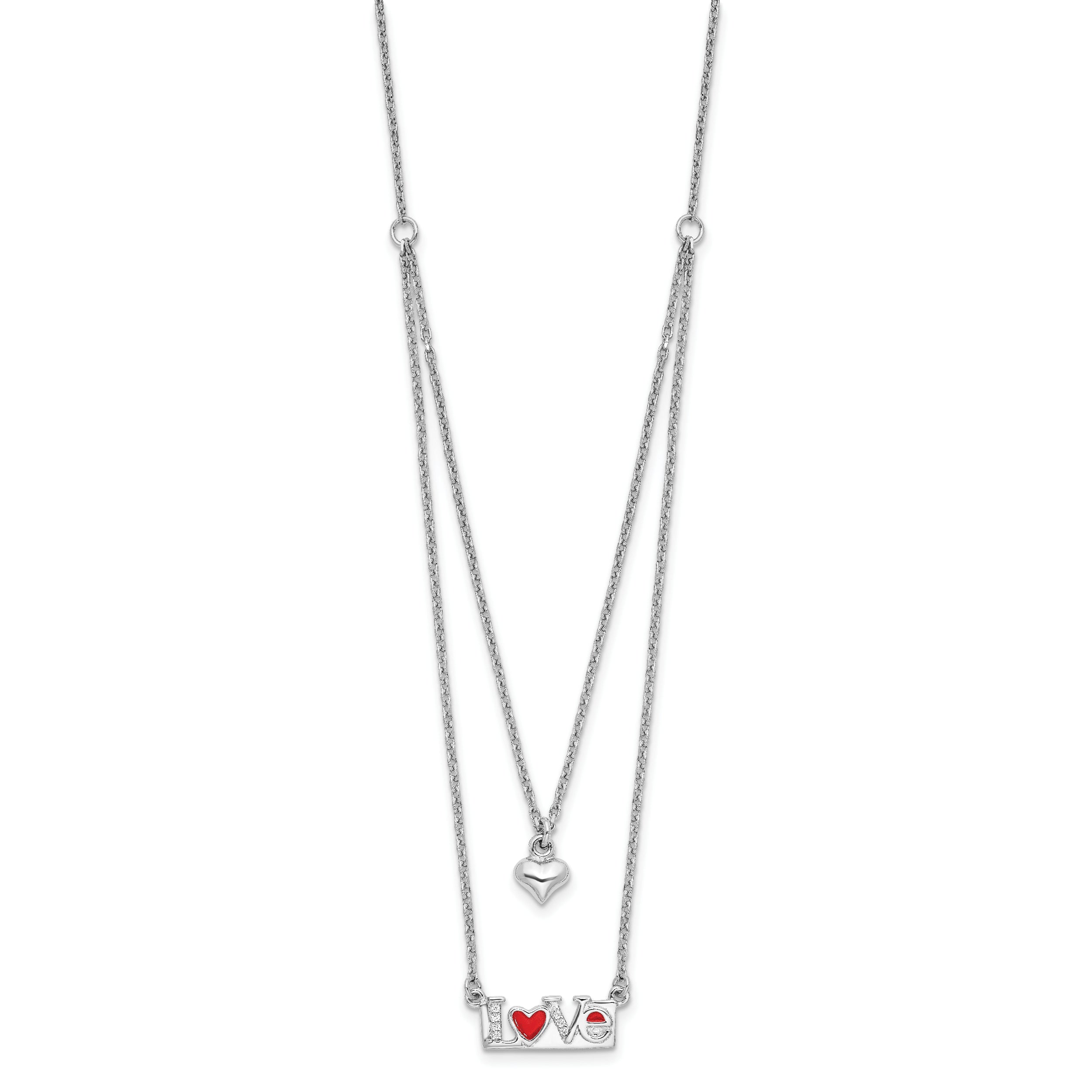 Sterling Silver Rhod-pltd Enamel CZ Heart Love 16in w/2 in ext Necklace