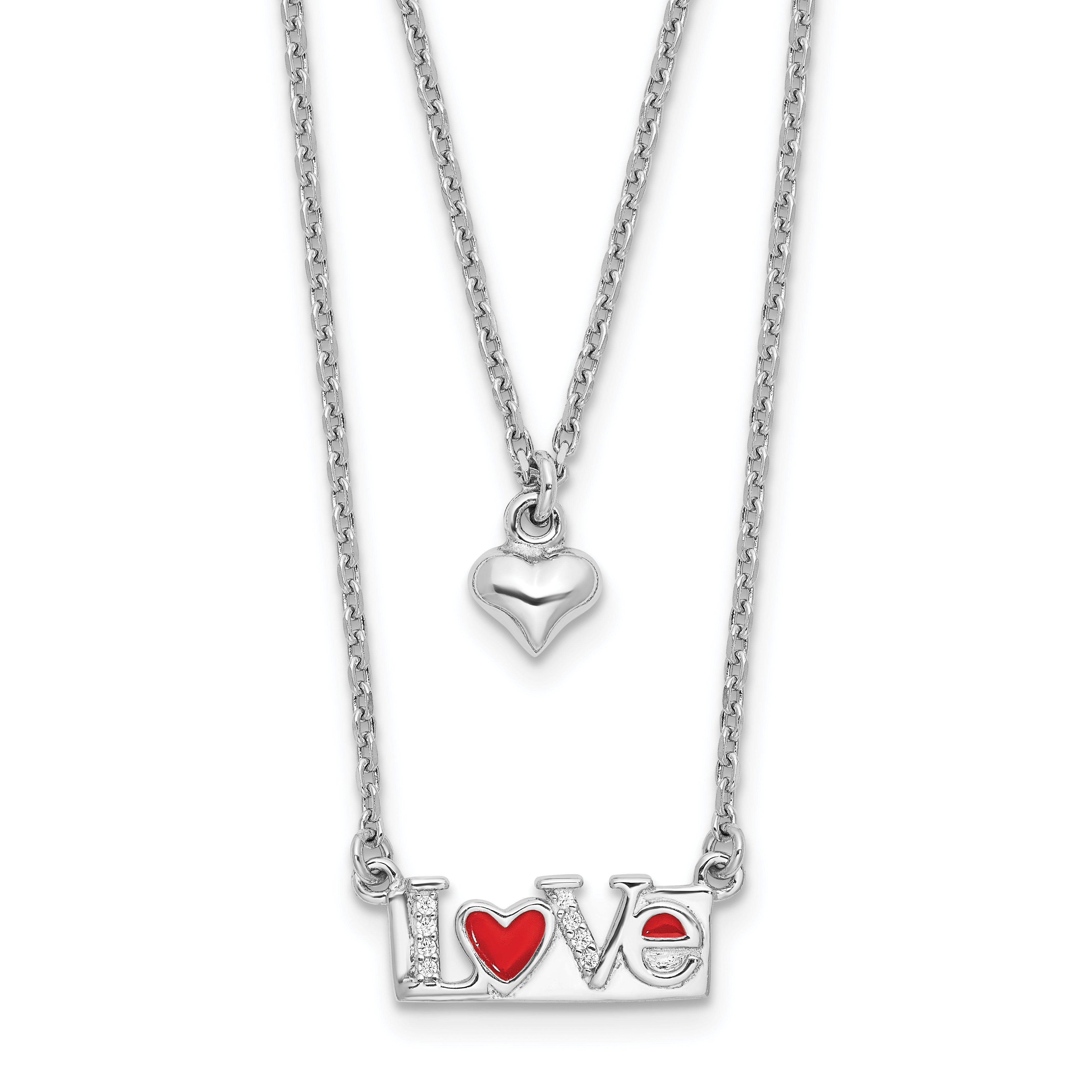 Sterling Silver Rhod-pltd Enamel CZ Heart Love 16in w/2 in ext Necklace