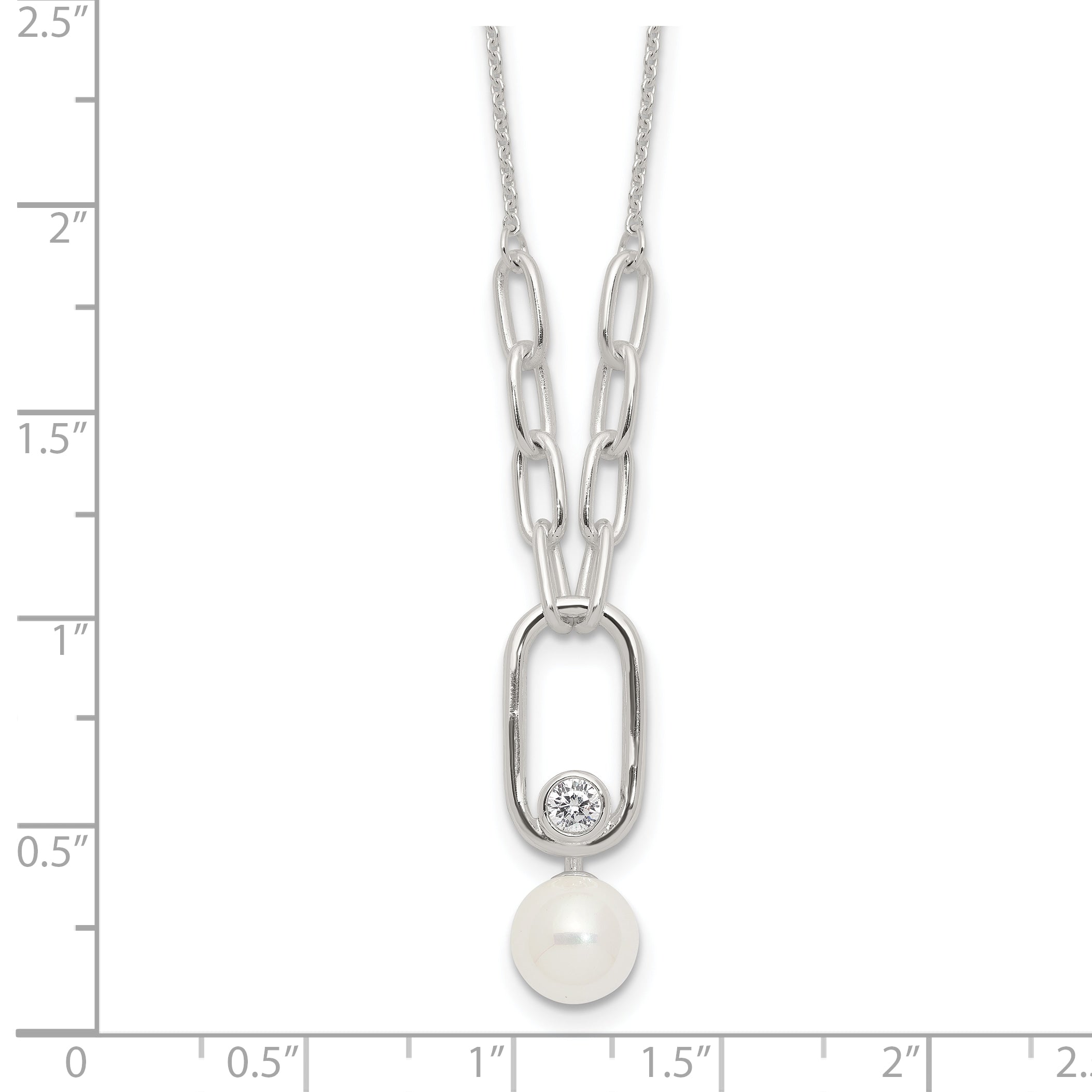 Sterling Silver E-coated CZ and 8mm Shell Pearl 17.75in w/2in ext Necklace