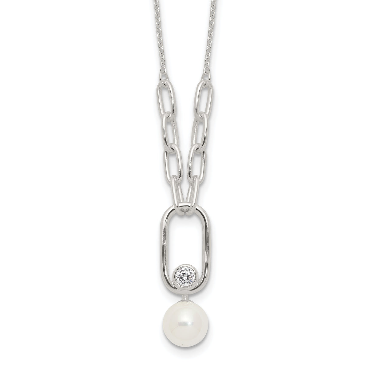 Sterling Silver E-coated CZ and 8mm Shell Pearl 17.75in w/2in ext Necklace