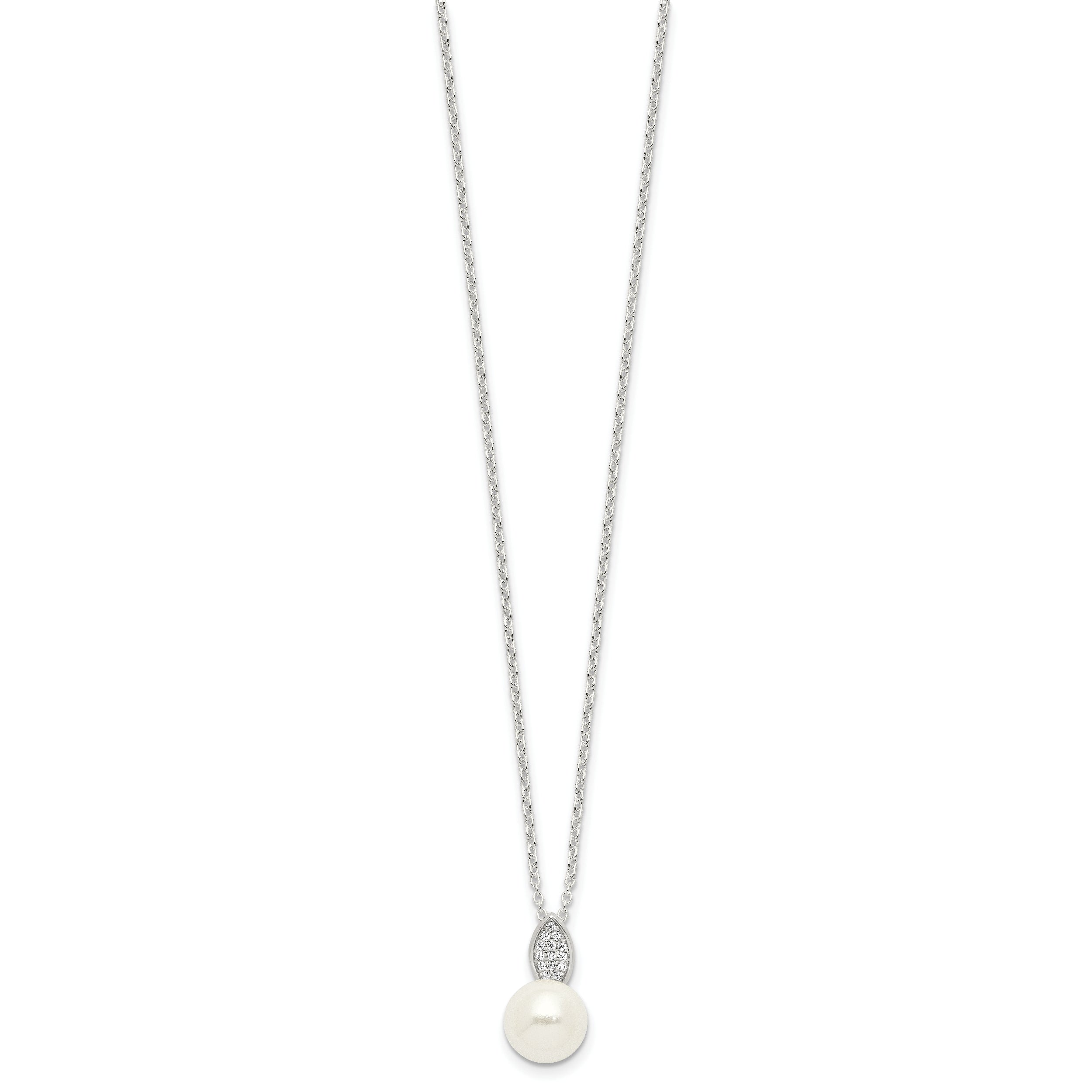 Sterling Silver Polished CZ and Simulated Pearl Necklace