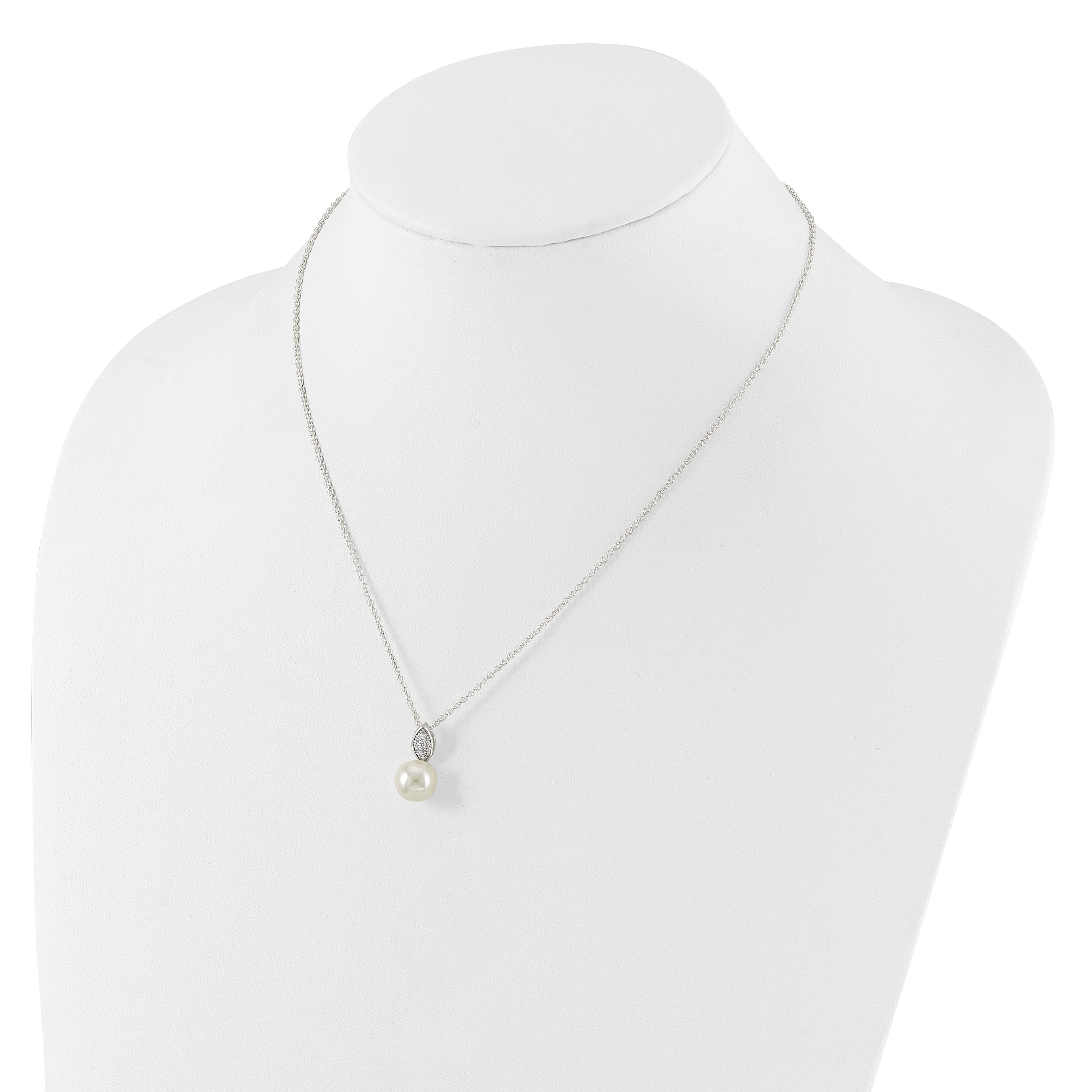 Sterling Silver Polished CZ and Simulated Pearl Necklace