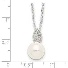 Sterling Silver Polished CZ and Simulated Pearl Necklace