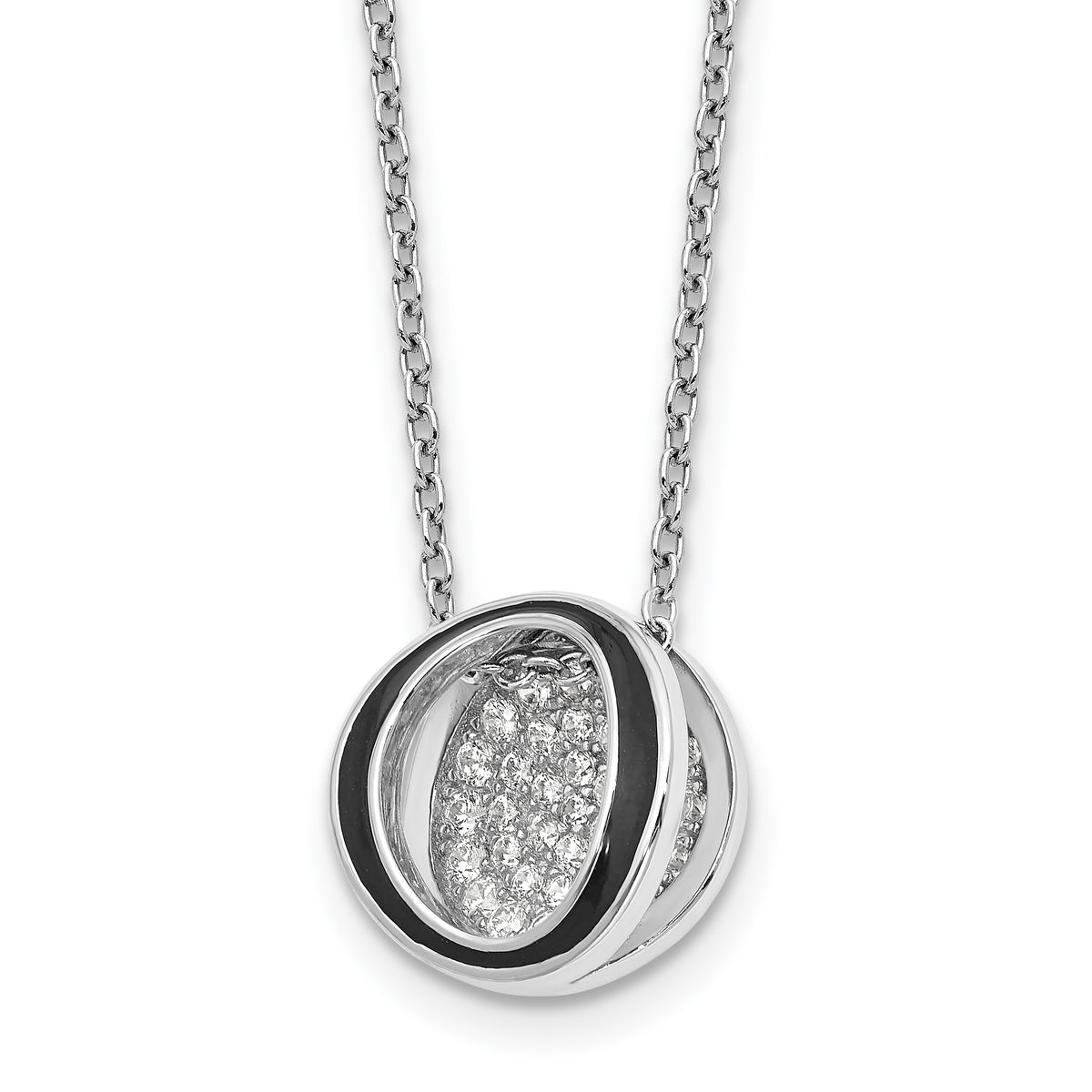 Sterling Silver Rhodium-plated CZ Enameled Open Round Necklace