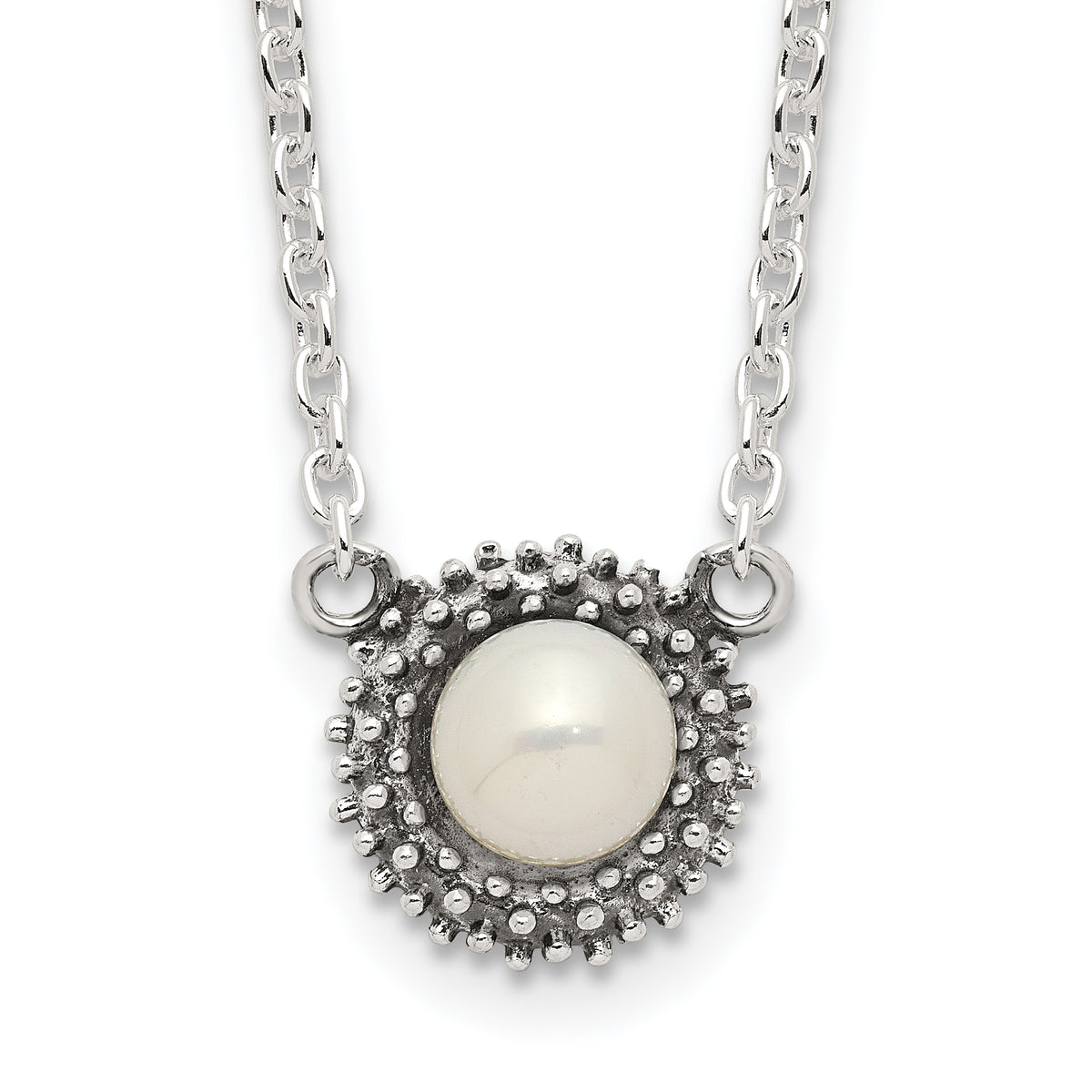 Sterling Silver Polished and Antiqued Syn. Pearl 13.5in Choker Necklace