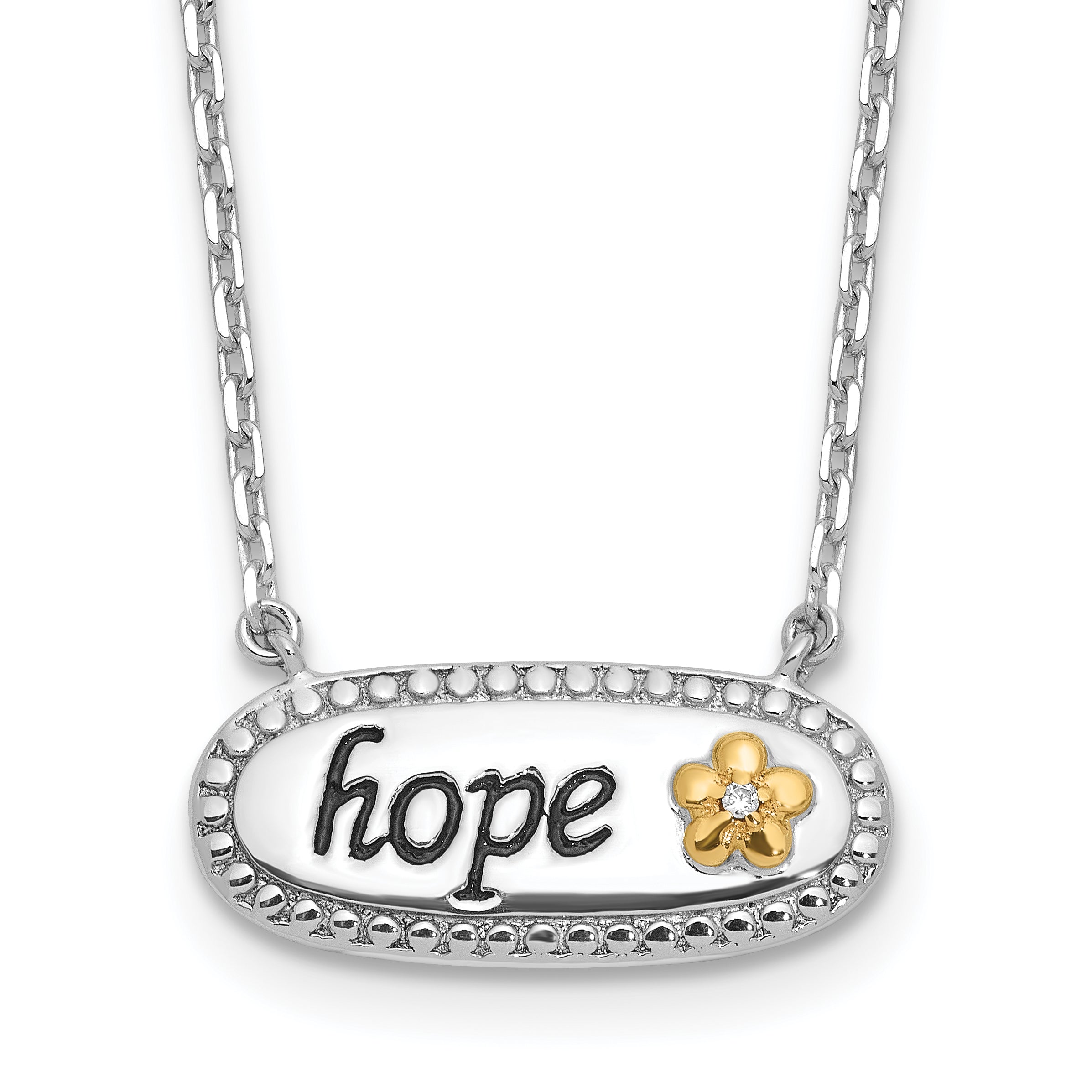 Sterling Silver w/14k accent Rh-plated CZ  Enamel HOPE w/2in ext Necklace