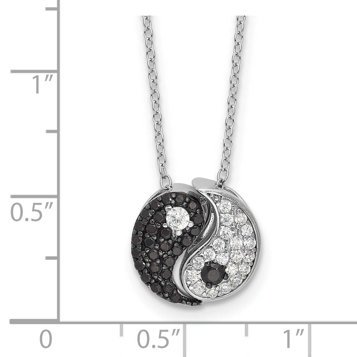 Sterling Silver RH-plated Black/White CZ Yin Yang 16in w/2in ext. Necklace