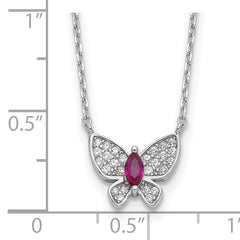 Sterling Silver Rhodium-plated Red White CZ Butterfly w/2in ext Necklace