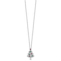 Sterling Silver RH-plated Multi Color CZ Christmas Tree w/2in ext Necklace