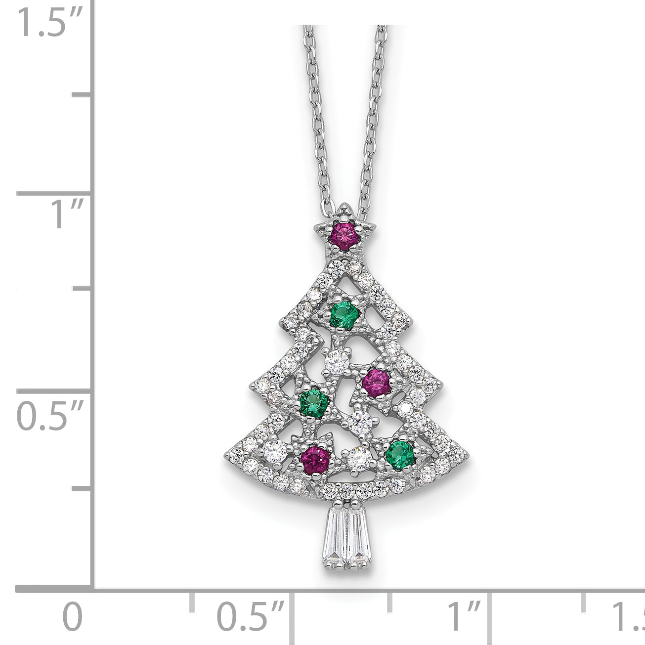 Sterling Silver RH-plated Multi Color CZ Christmas Tree w/2in ext Necklace