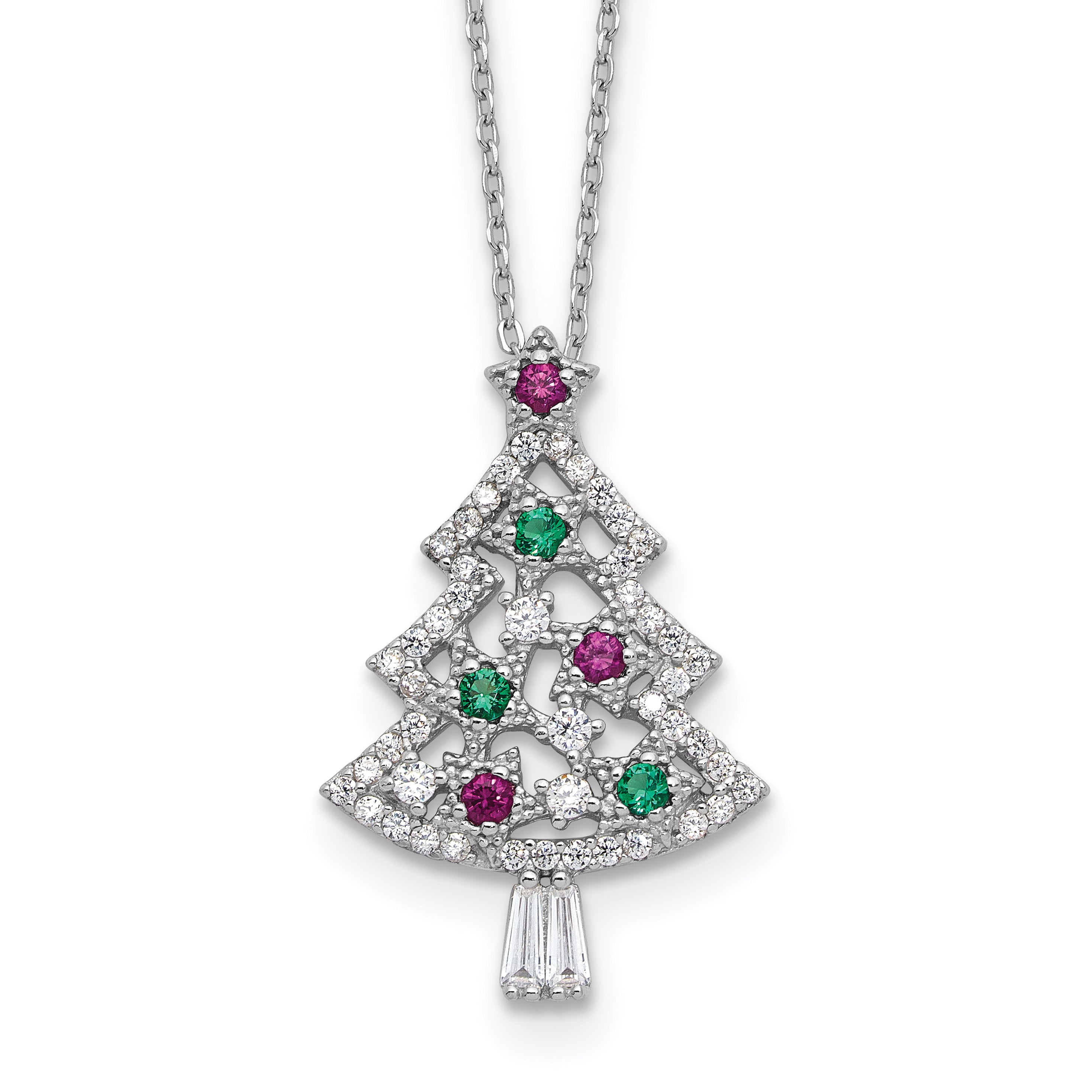 Sterling Silver RH-plated Multi Color CZ Christmas Tree w/2in ext Necklace