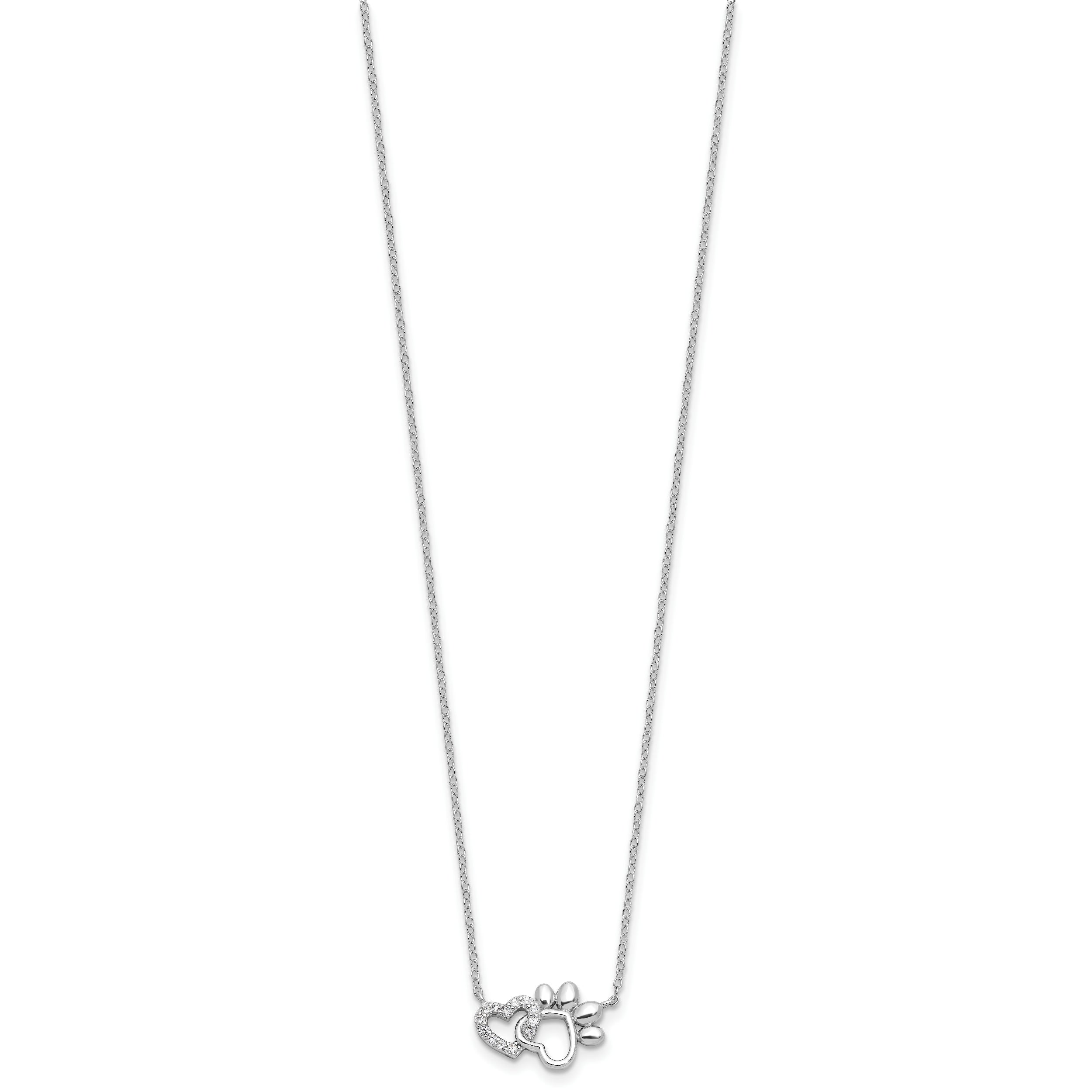 Sterling Silver RH-plated CZ Heart and Pawprint 16in w/2in ext Necklace