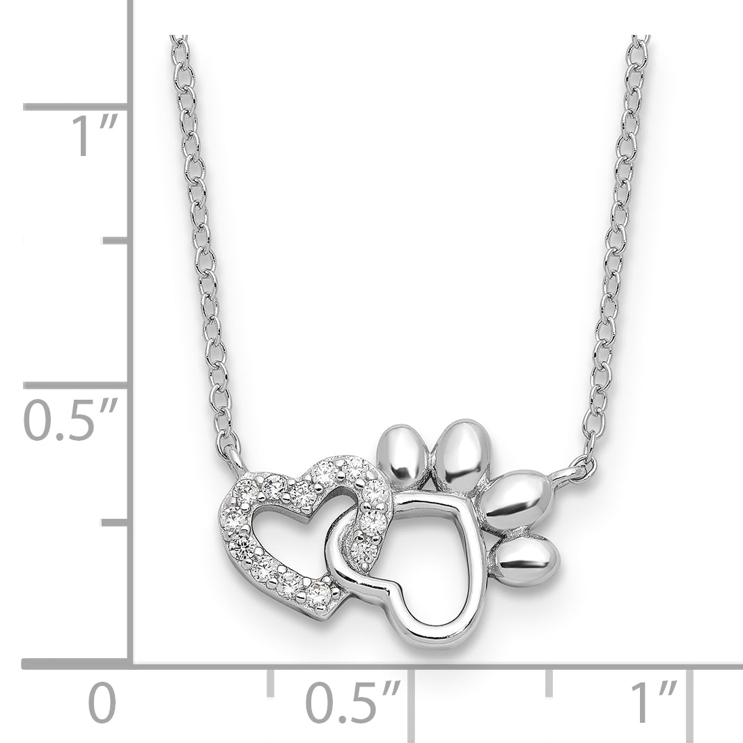 Sterling Silver RH-plated CZ Heart and Pawprint 16in w/2in ext Necklace