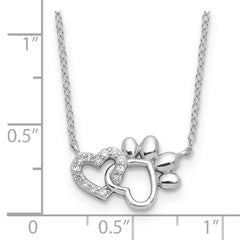 Sterling Silver RH-plated CZ Heart and Pawprint 16in w/2in ext Necklace