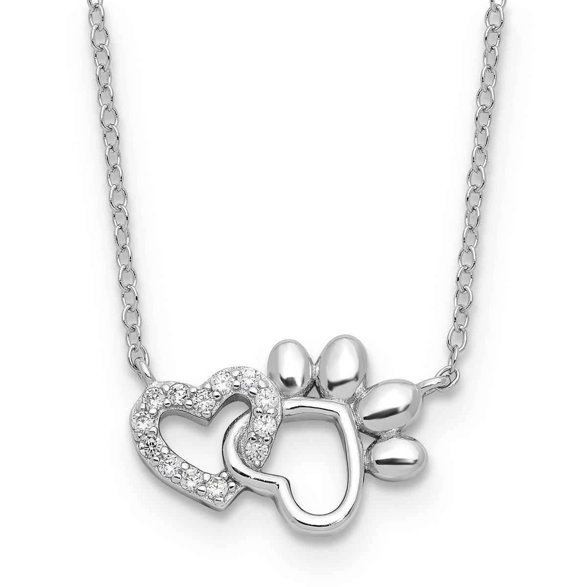 Sterling Silver RH-plated CZ Heart and Pawprint 16in w/2in ext Necklace