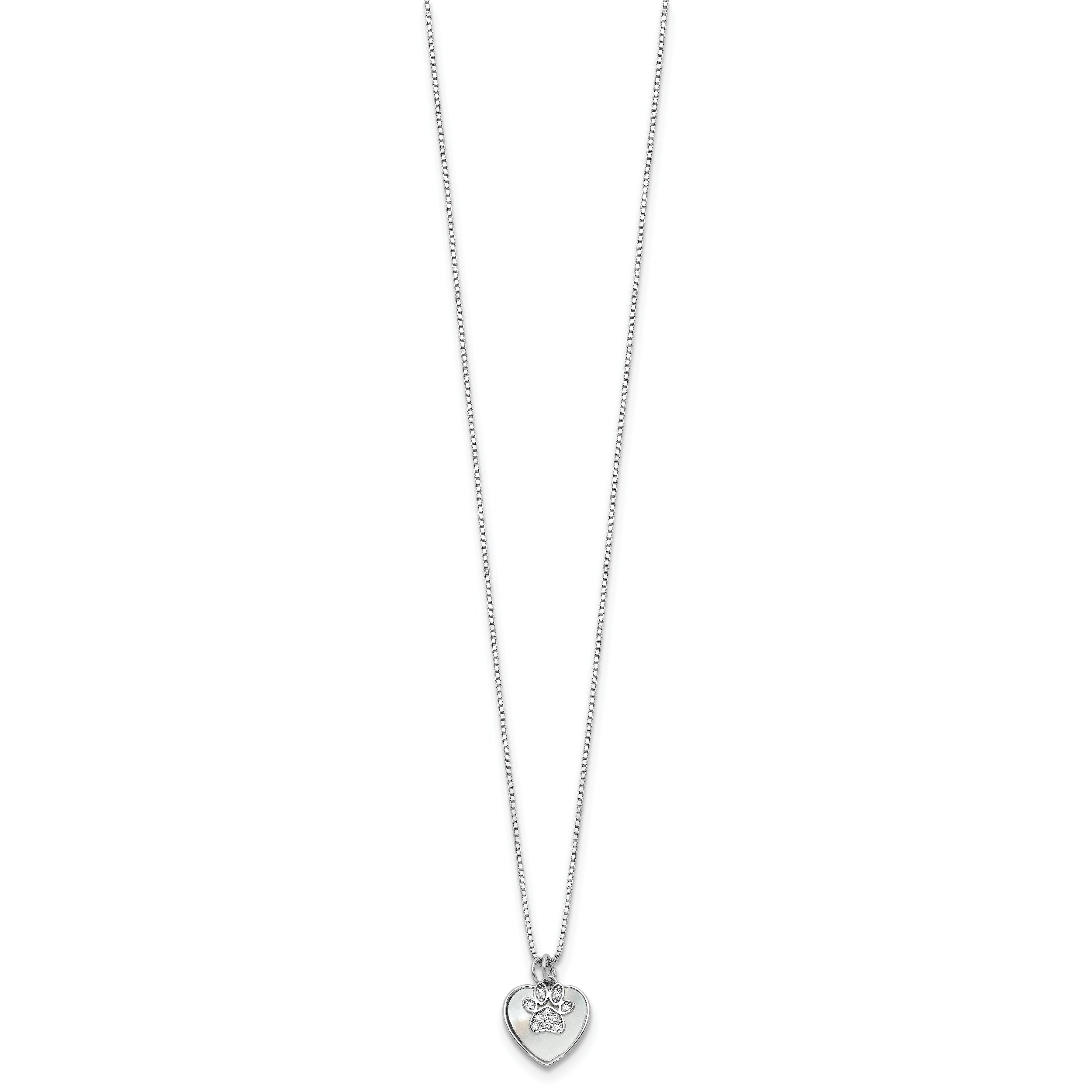 Sterling Silver Rhod-plated MOP/CZ Paw w/2IN Ext Necklace