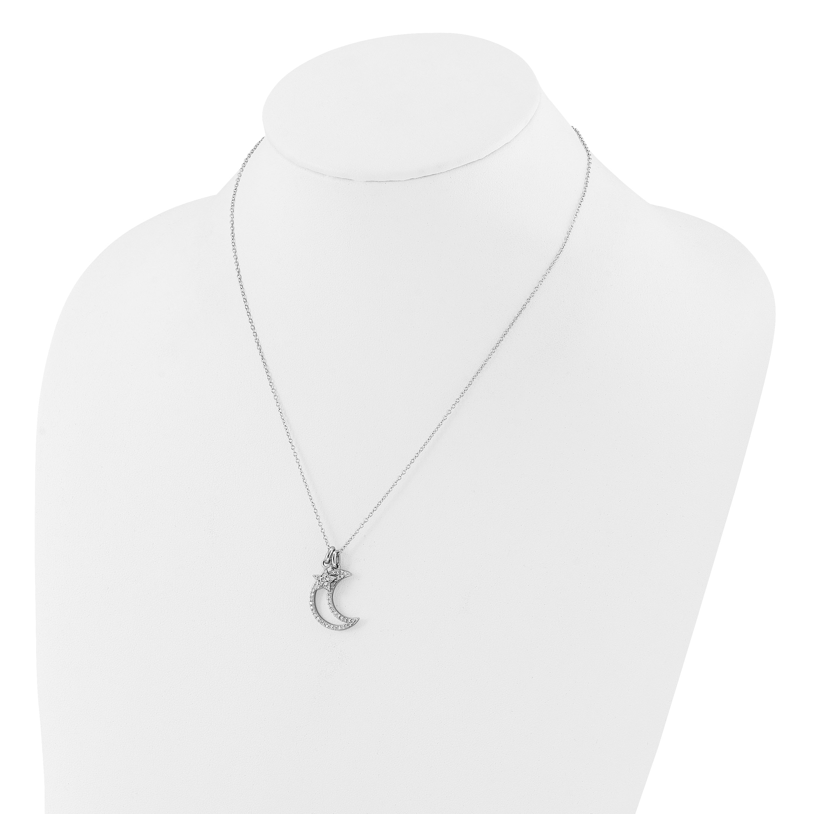 Sterling Silver Rhod-plated CZ Moon/Star w/2In Ext Necklace