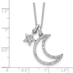 Sterling Silver Rhod-plated CZ Moon/Star w/2In Ext Necklace